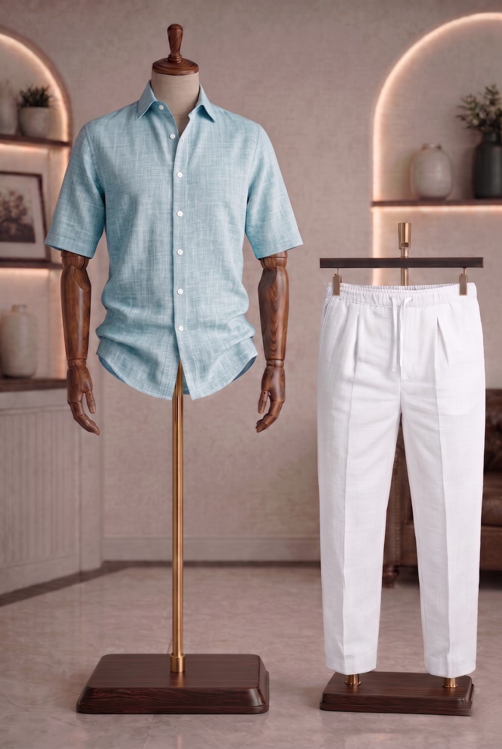 Half Sleeve Linen Pair For Men | Sky Blue Linen Shirt with White Linen Pant
