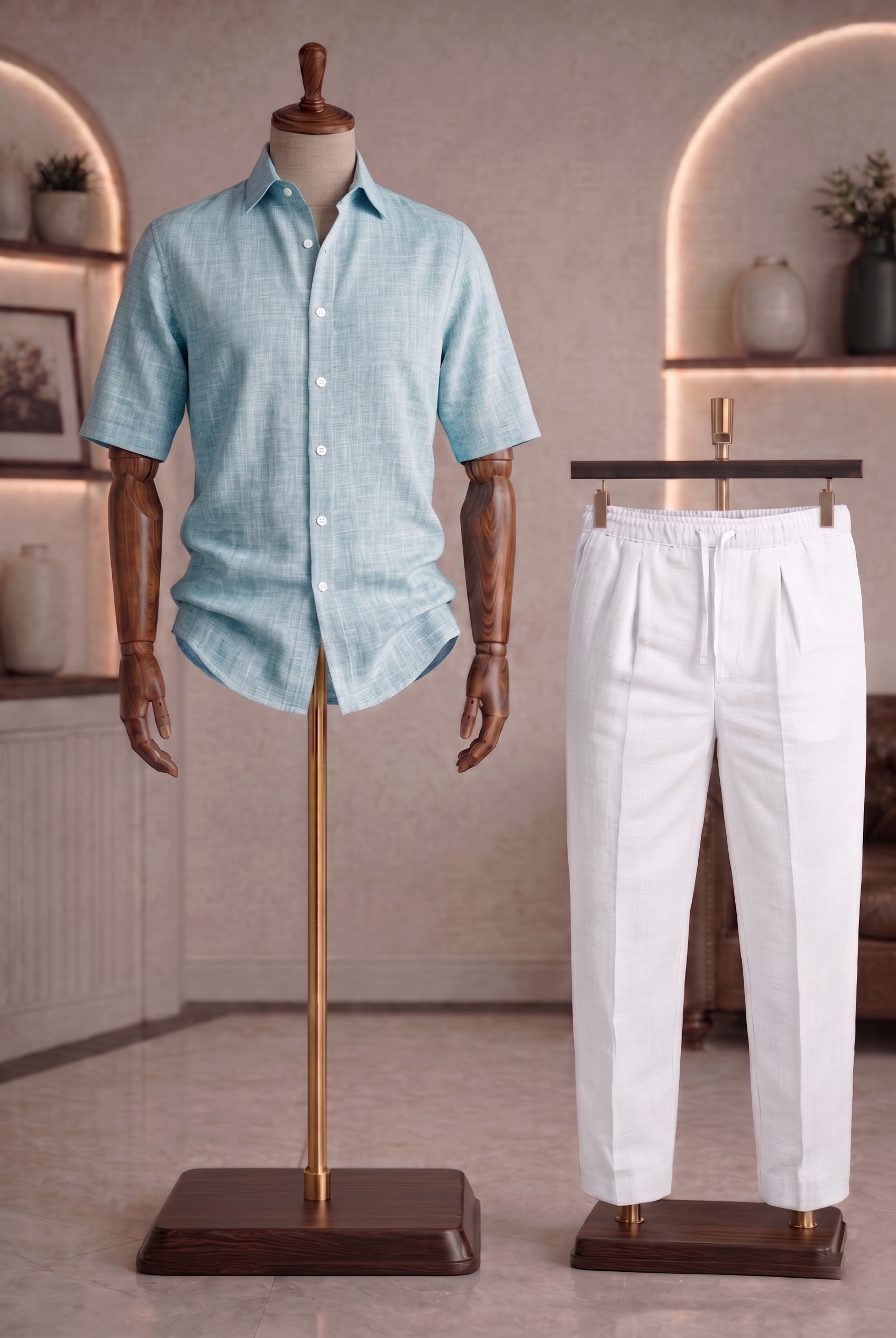 Half Sleeve Linen Pair For Men | Sky Blue Linen Shirt with White Linen Pant