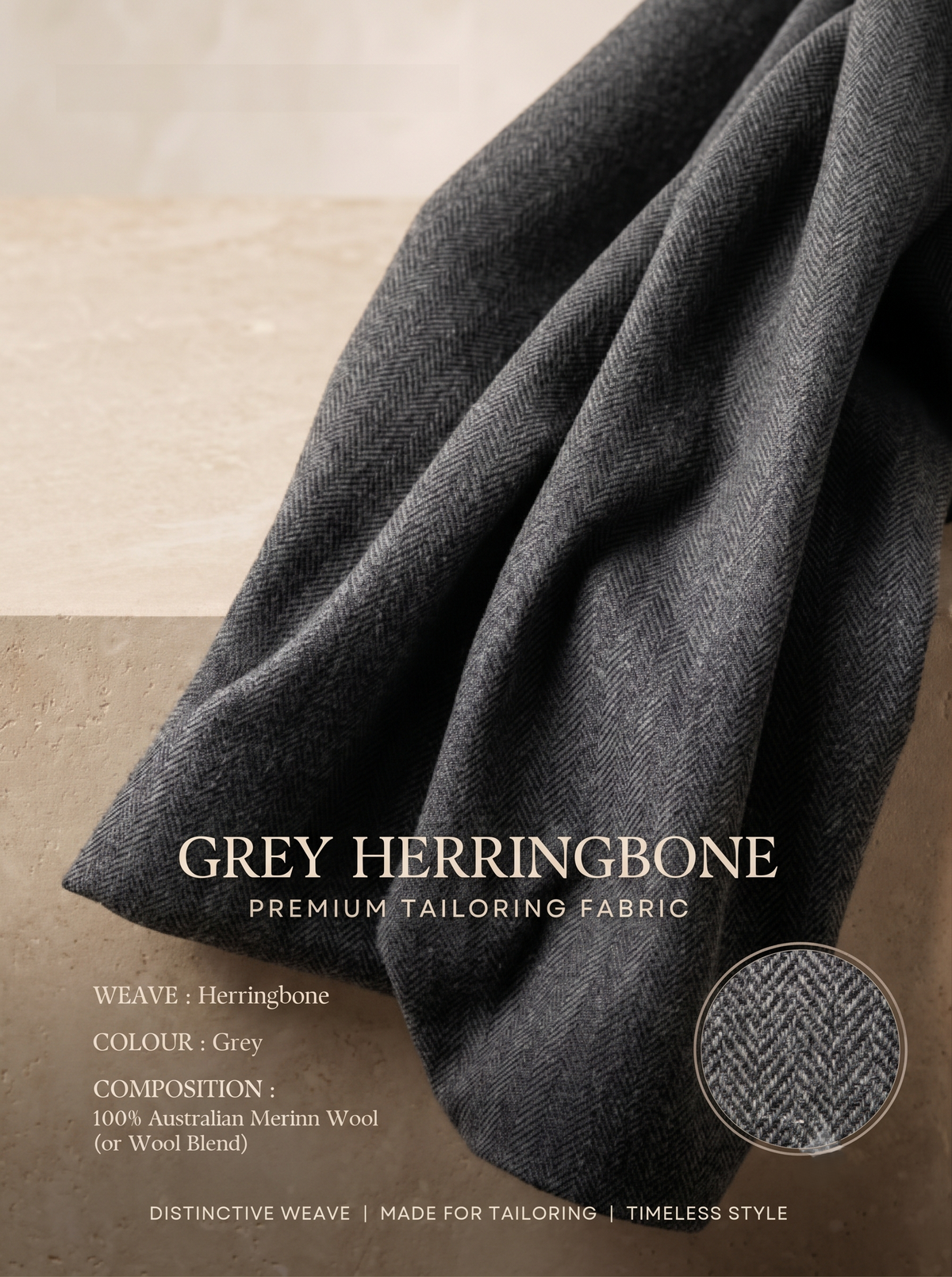 Luxury Grey Herringbone Fabric | Premium Formal Wear Fabric
