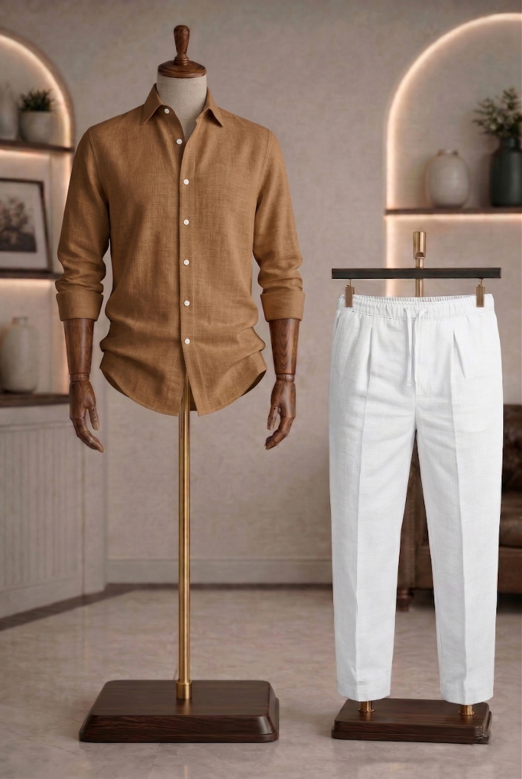 Full Sleeve Linen Pair For Men | Brown Linen Shirt with White Linen Pant
