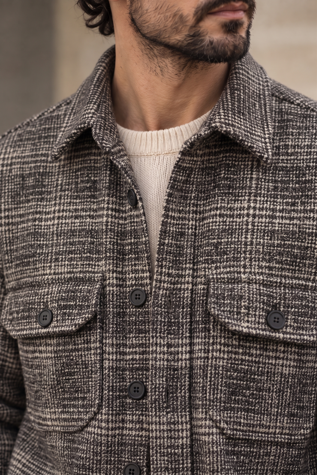 Melange Plaid Grey and Beige Premium Wool Shirt for men