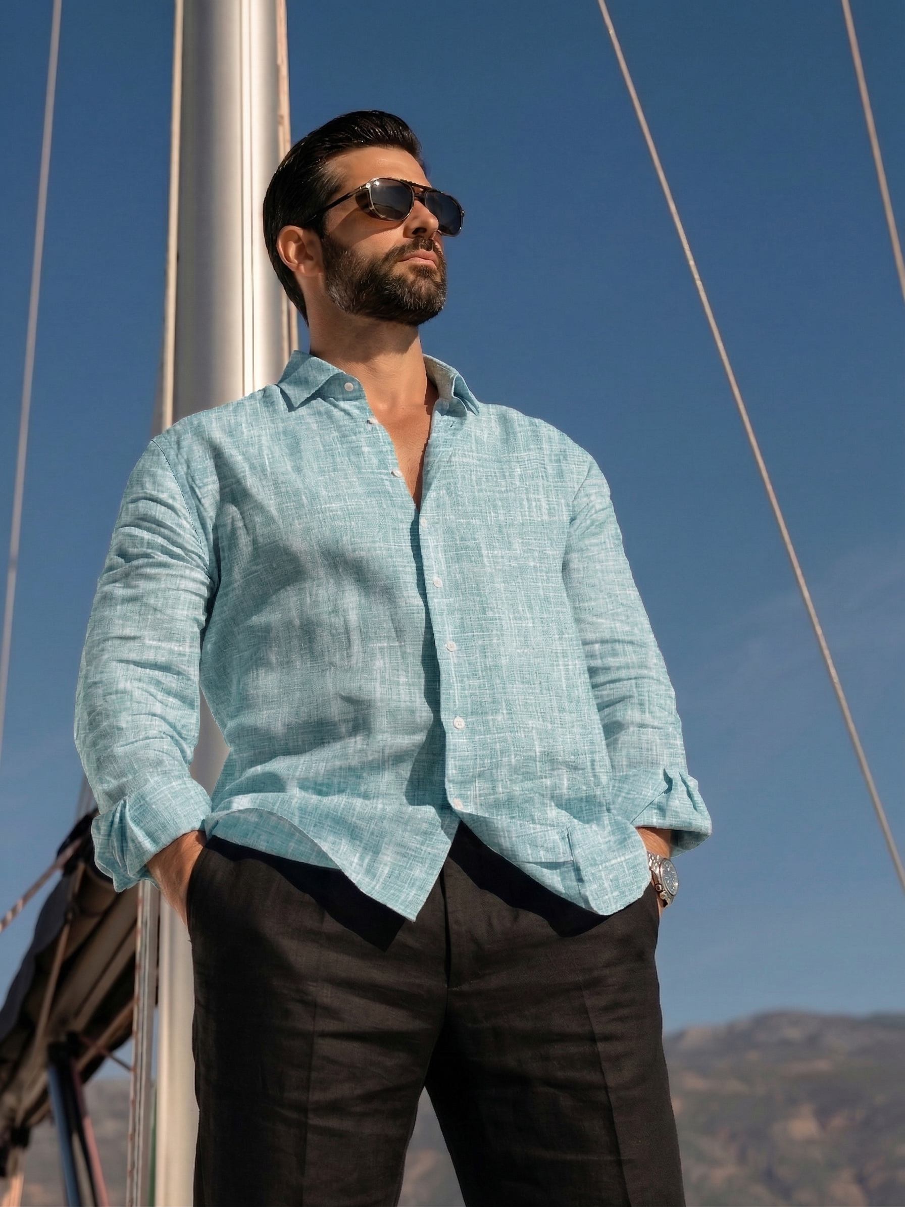 Full Sleeve Linen Pair For Men | Sky Blue Linen Shirt with Black Linen Pant