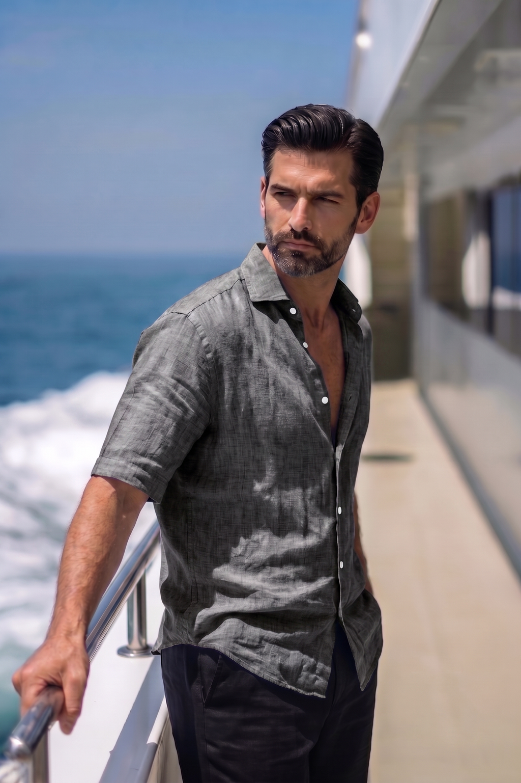 Half Sleeve Linen Pair For Men | Dark Grey Linen Shirt with Black Linen Pant