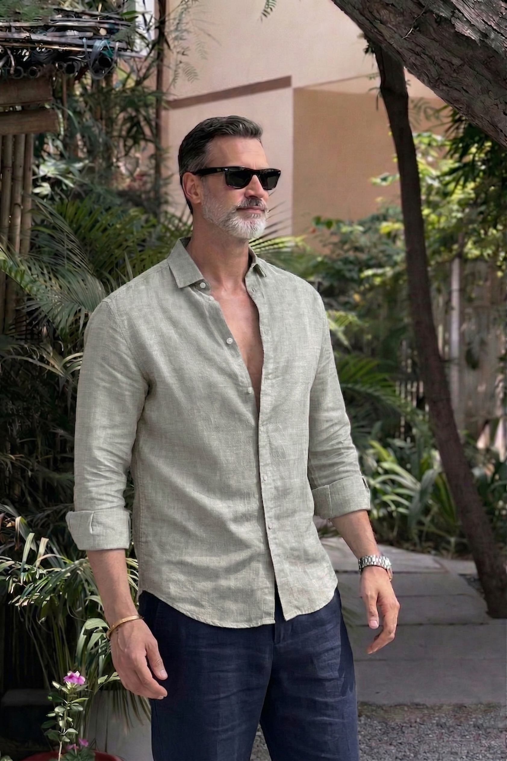 Full Sleeve Linen Pair For Men | Light Grey Linen Shirt with Navy Linen Pant