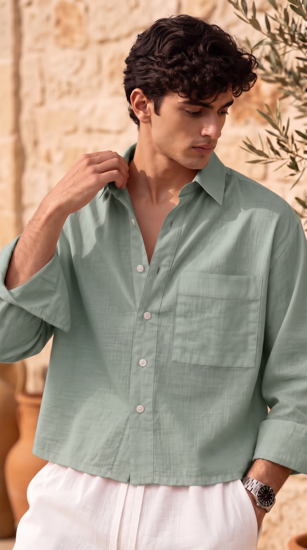 Full Sleeve Green Boxy Fit Pure Belgium Linen Crop Shirt