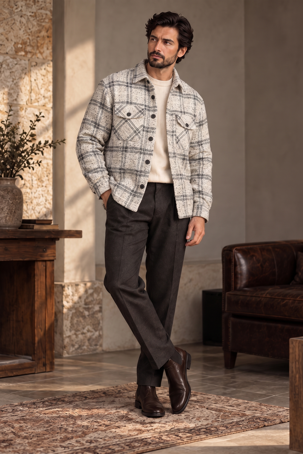 Melange Checked White Premium Wool Shirt for Men