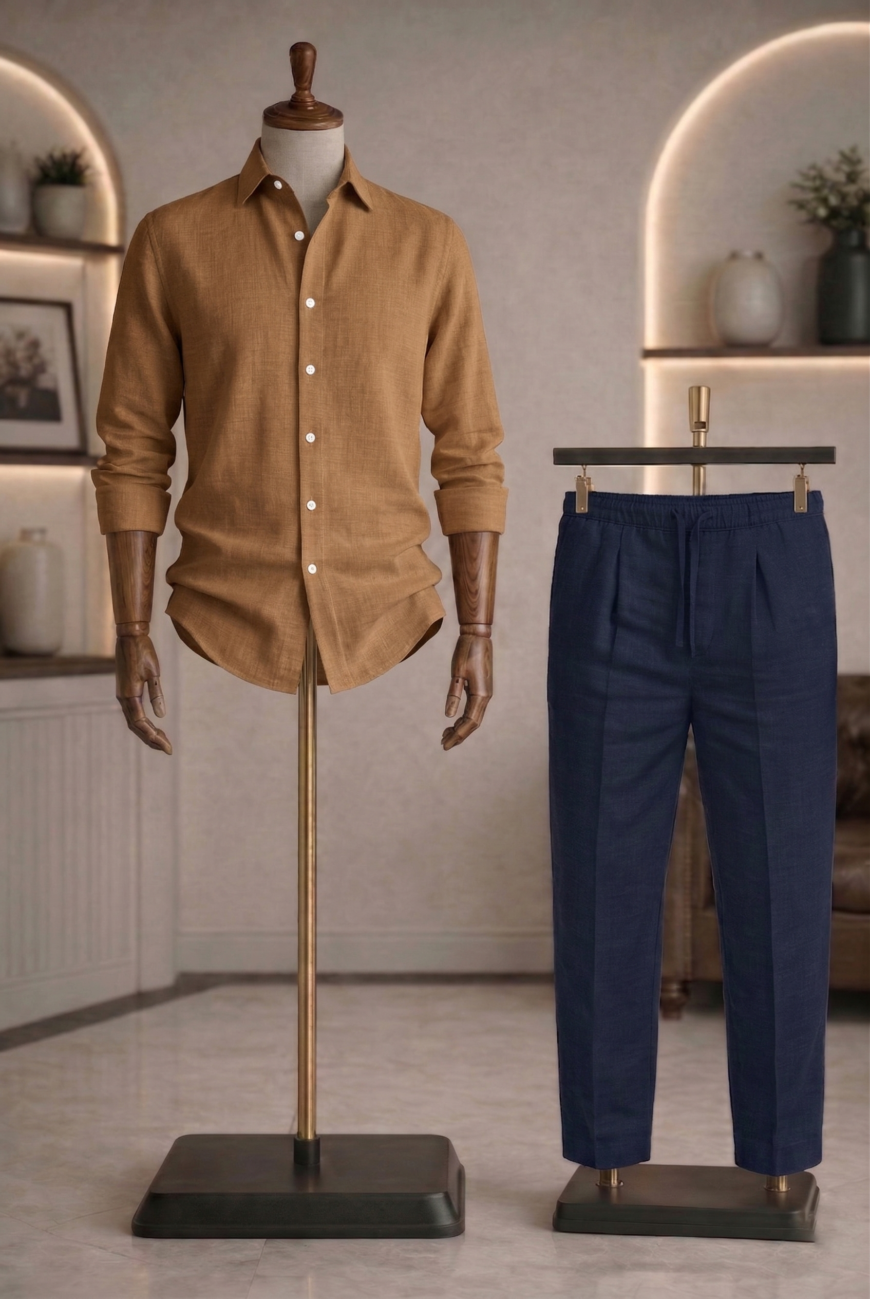 Full Sleeve Linen Pair For Men | Brown Linen Shirt with navy Linen Pant