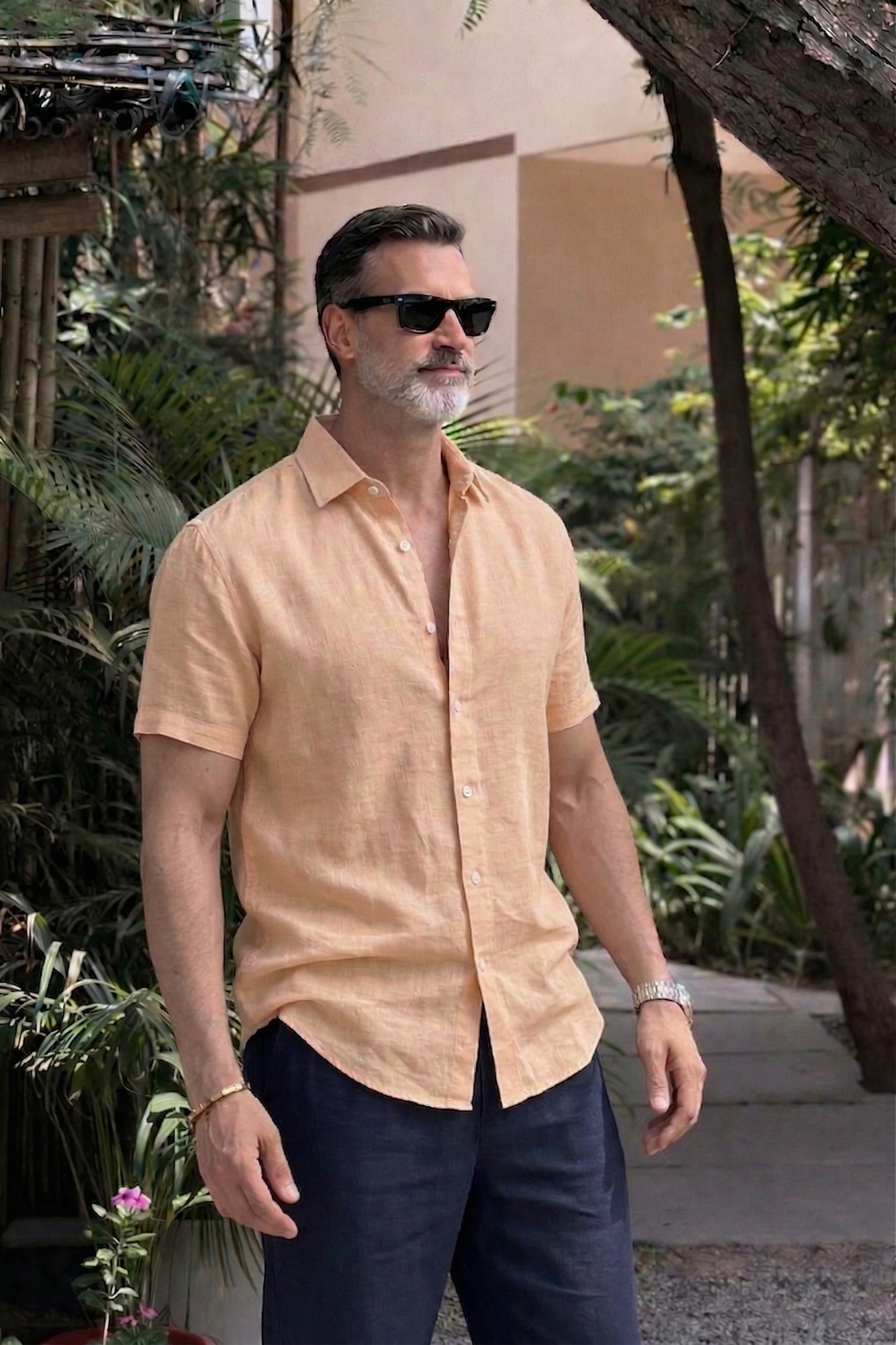 Half Sleeve Linen Pair For Men | Khaki Linen Shirt with Navy Linen Pant