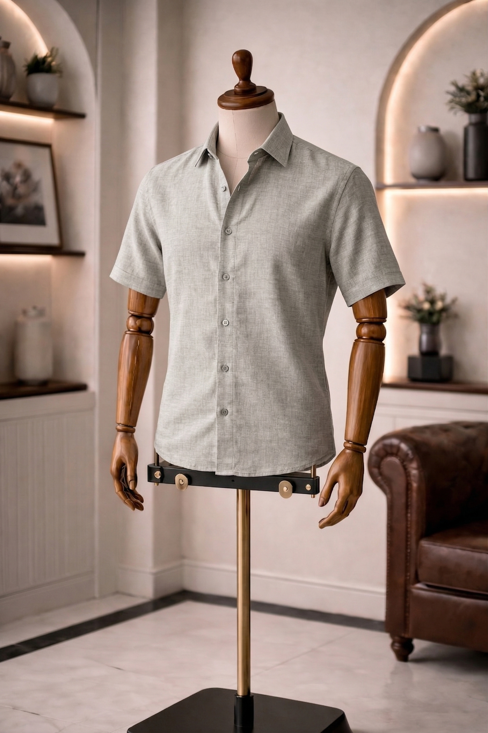 French Cuff Men's Pure Linen Light Grey Half Sleeve Shirt | Summer Wear