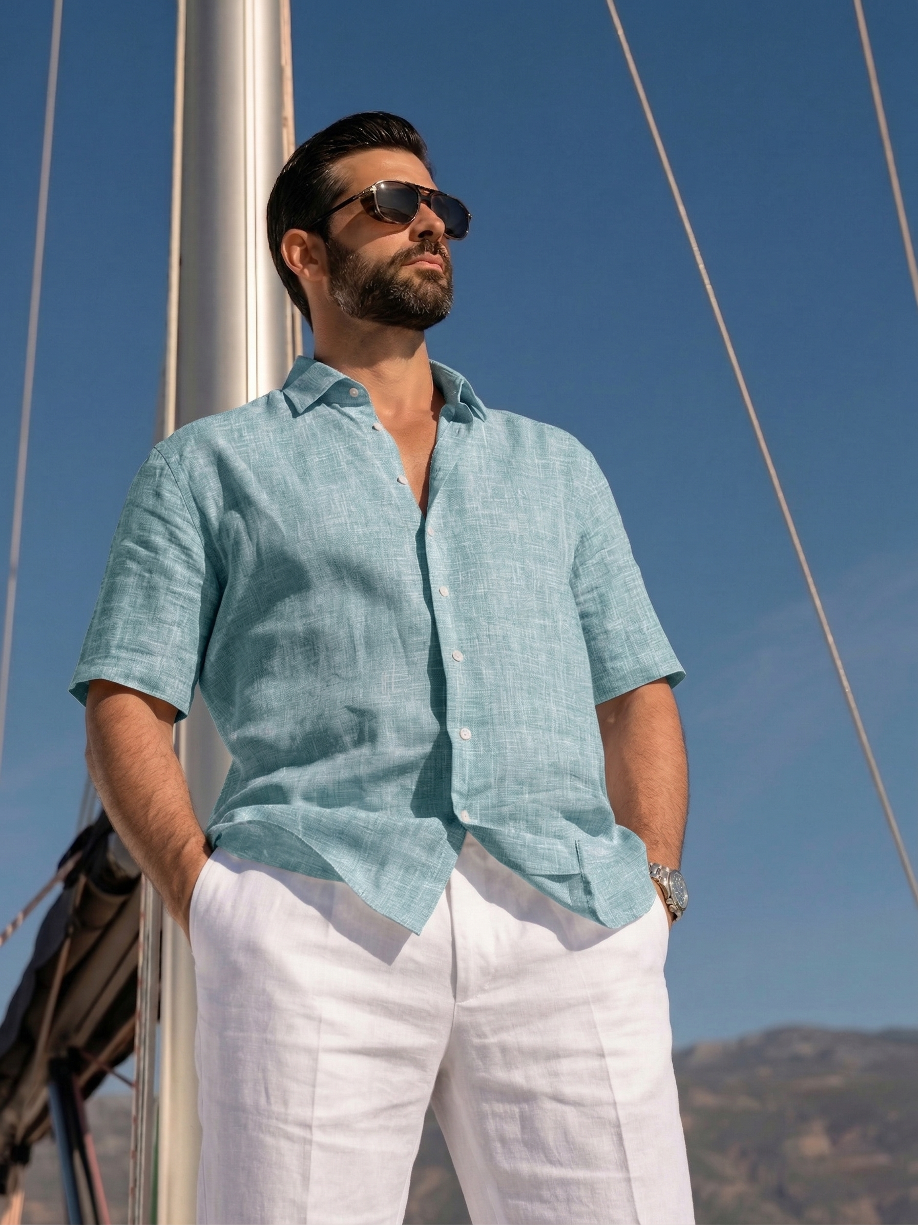 Half Sleeve Linen Pair For Men | Sky Blue Linen Shirt with White Linen Pant