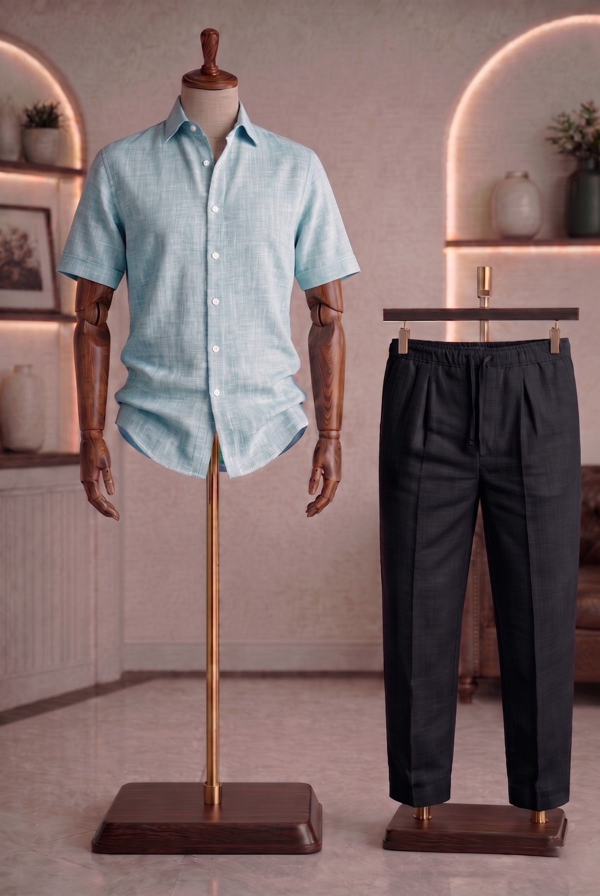 Half Sleeve Linen Pair For Men | Sky Blue Linen Shirt with Black Linen Pant