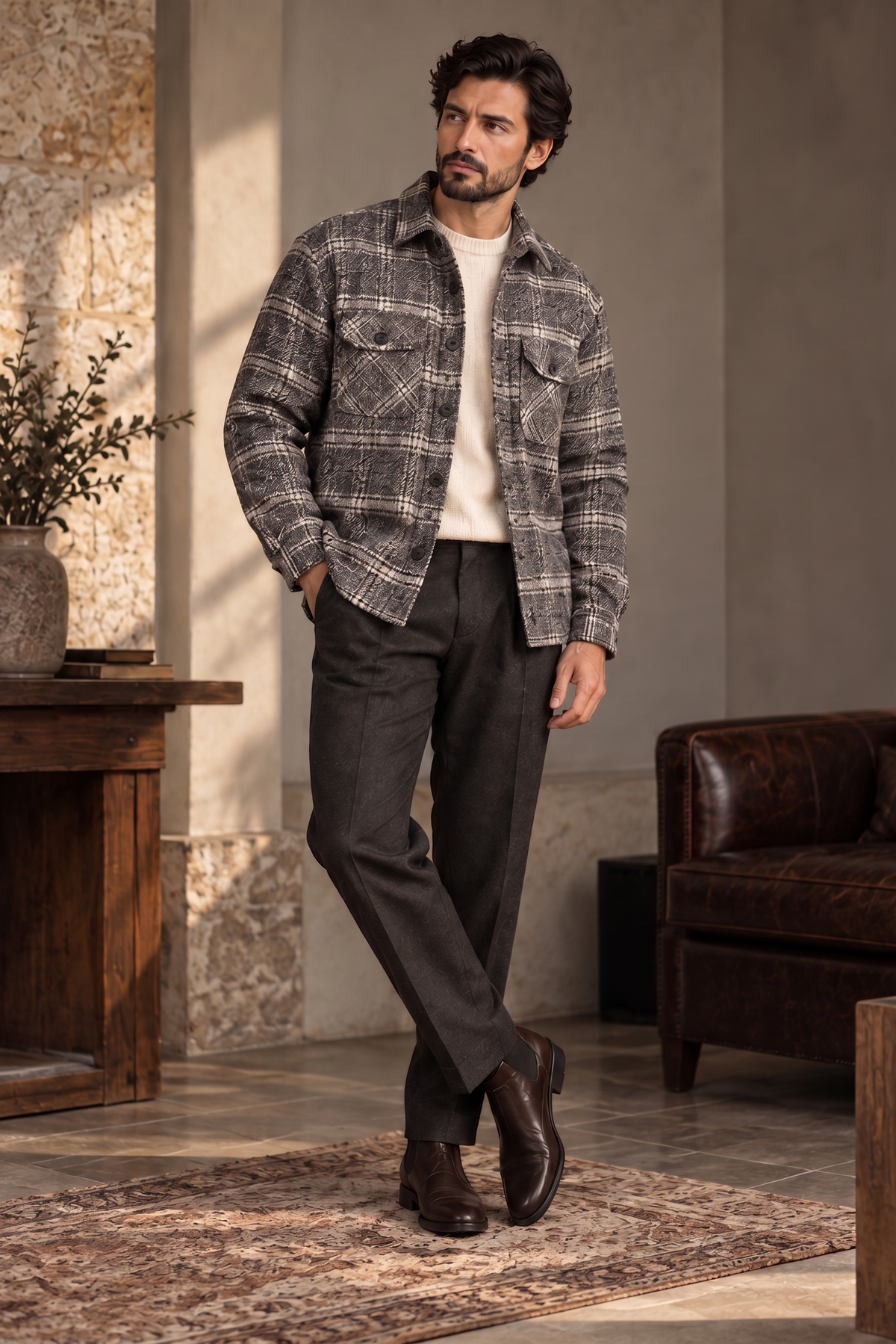 Melange Tartan Beige Checked Premium Wool Shirt for Men