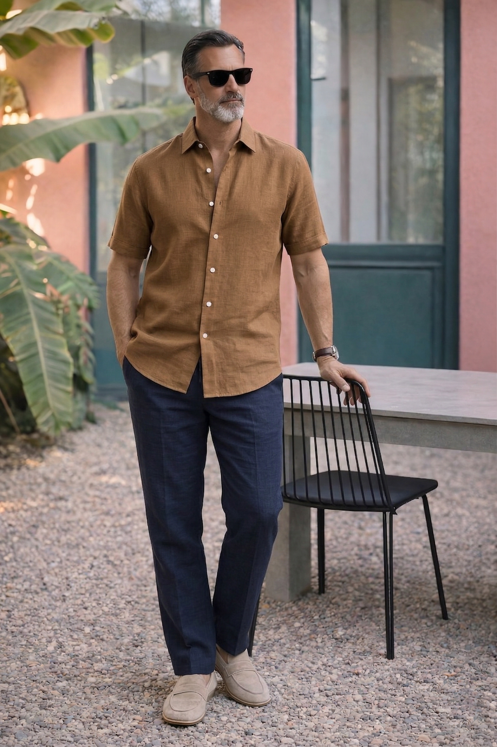 Half Sleeve Linen Pair For Men | Brown Linen Shirt with navy Linen Pant