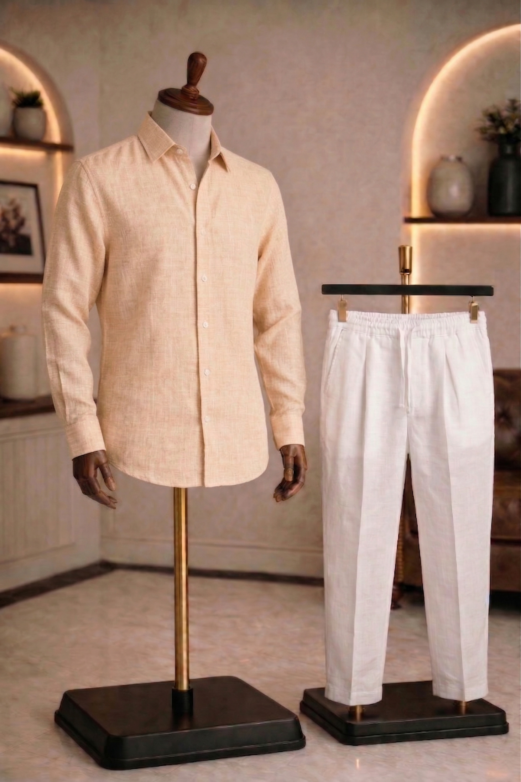 Full Sleeve Linen Pair For Men | Khaki Linen Shirt with White Linen Pant