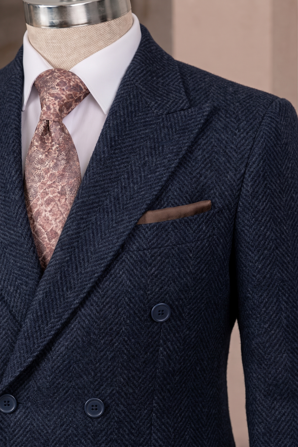 French Cuff Men's Navy Herringbone Double Breasted Blazer