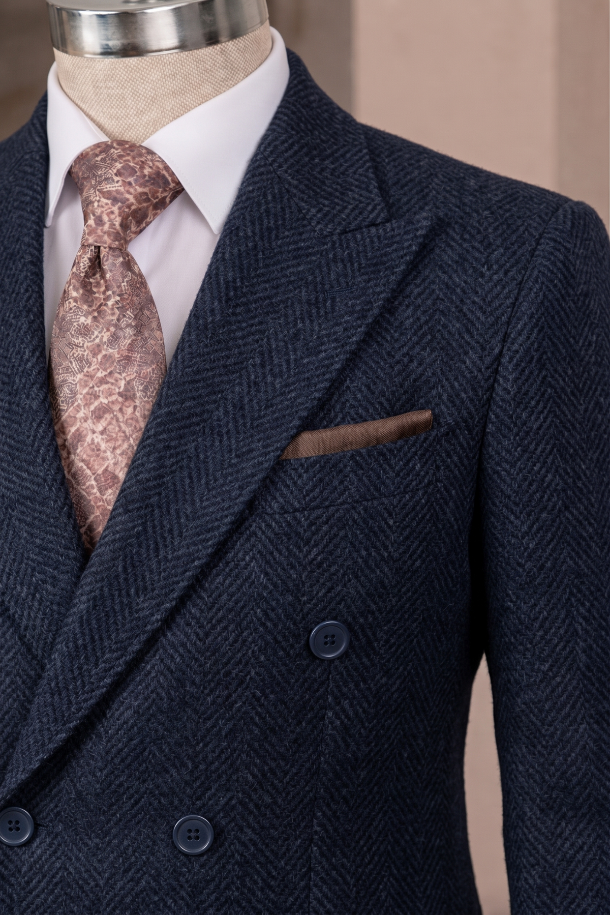 French Cuff Men's Navy Herringbone Double Breasted Blazer