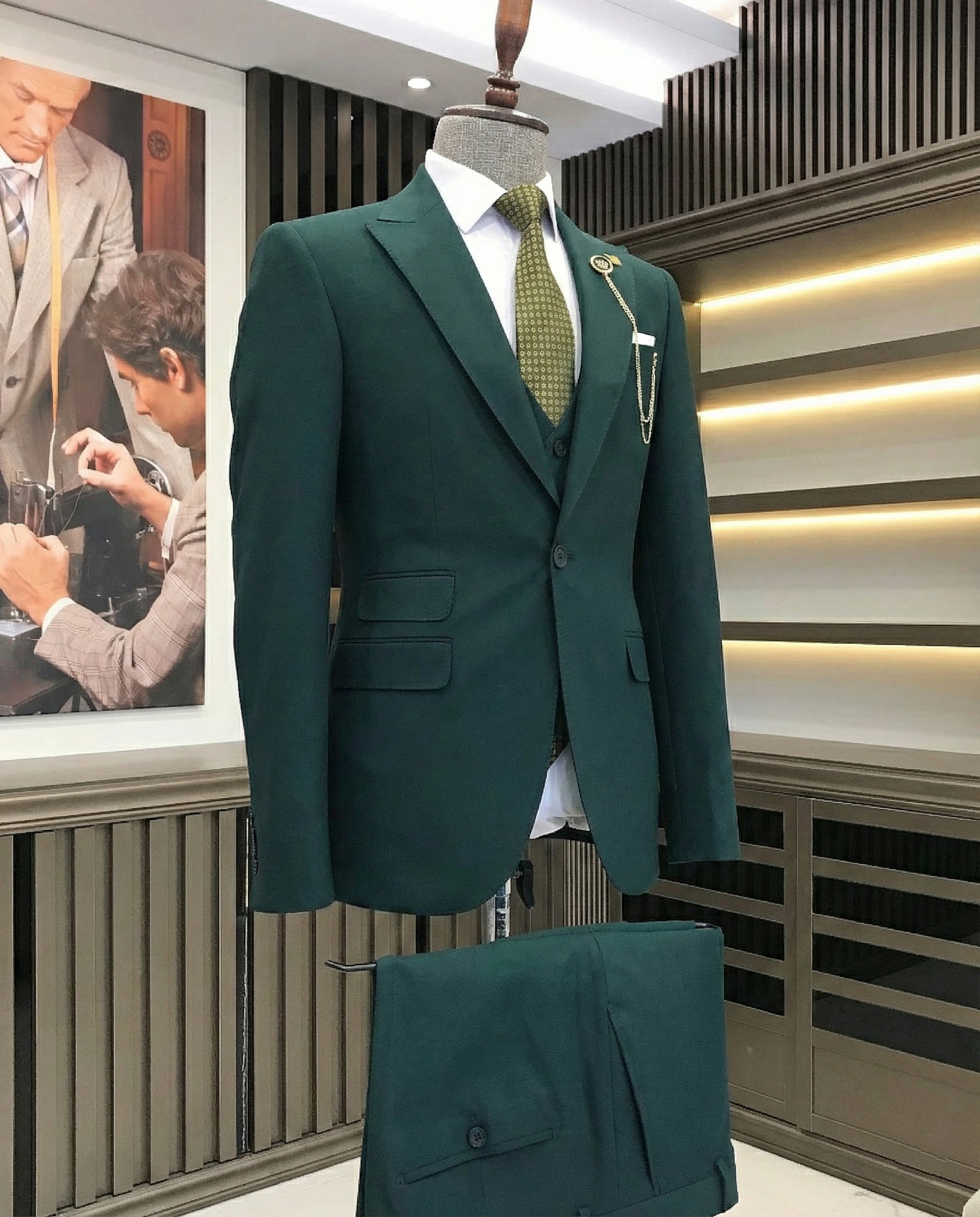 French Cuff Men's Bottle Green Single Buttoned 3-Piece Suit