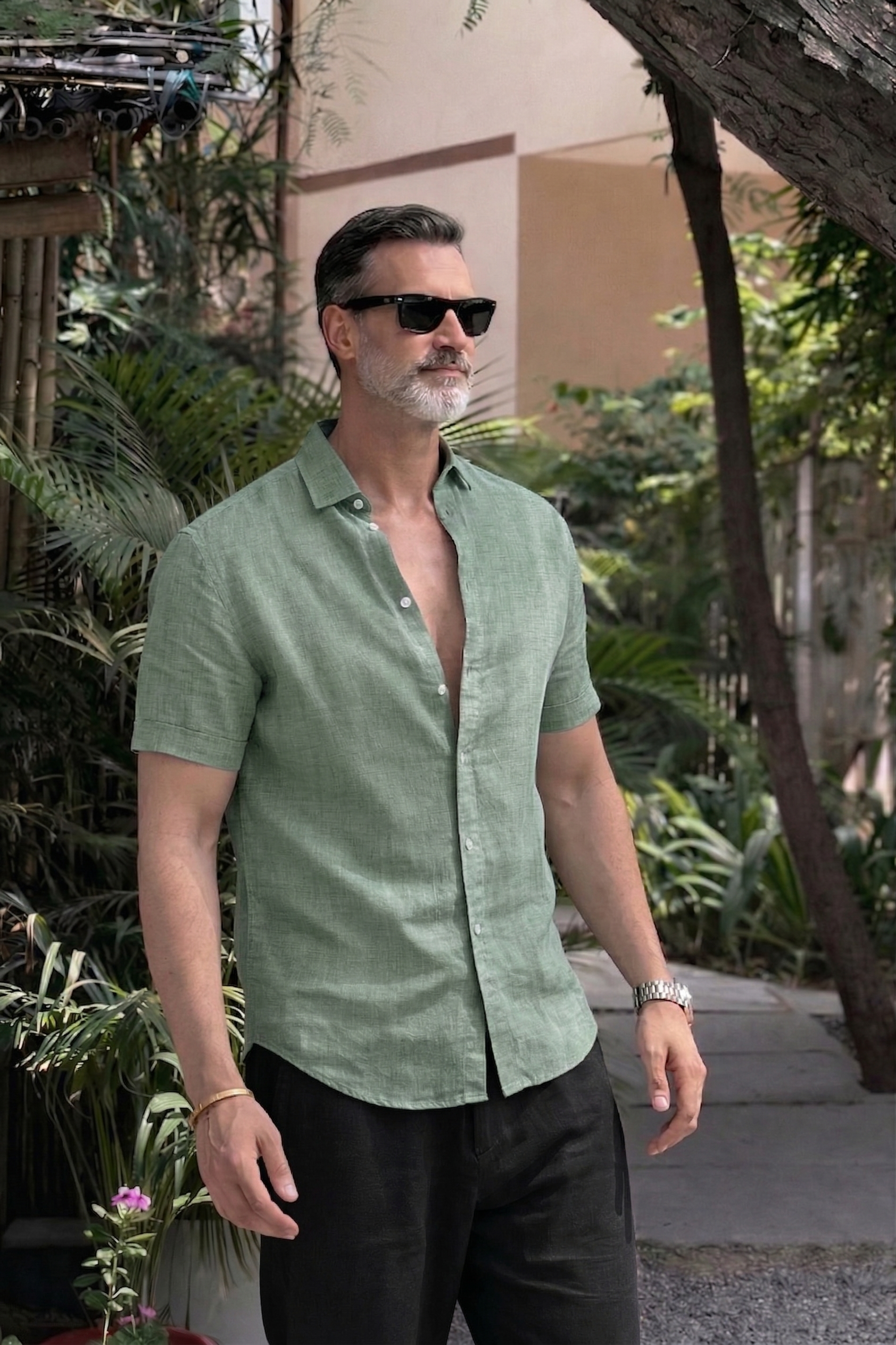 Half Sleeve Linen Pair For Men | Mint Green Linen Shirt with Black Linen Pant