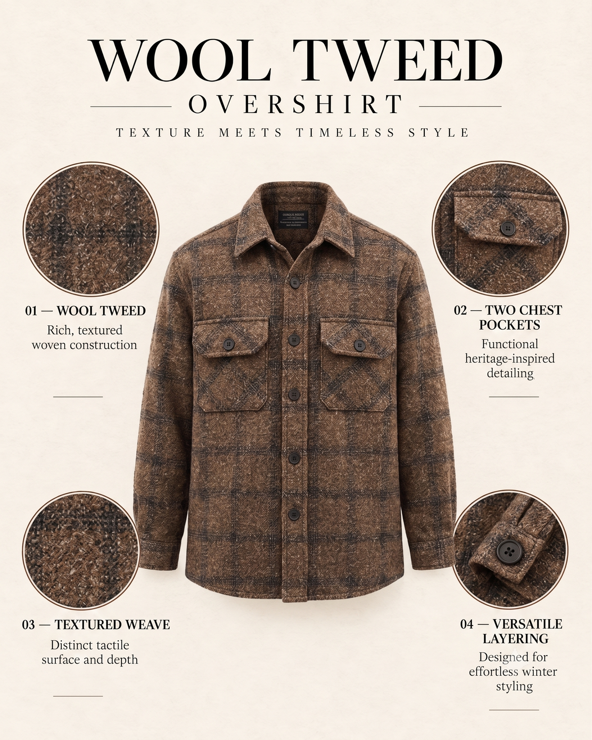 Melange Brown Checked Premium Wool Shirt For Men