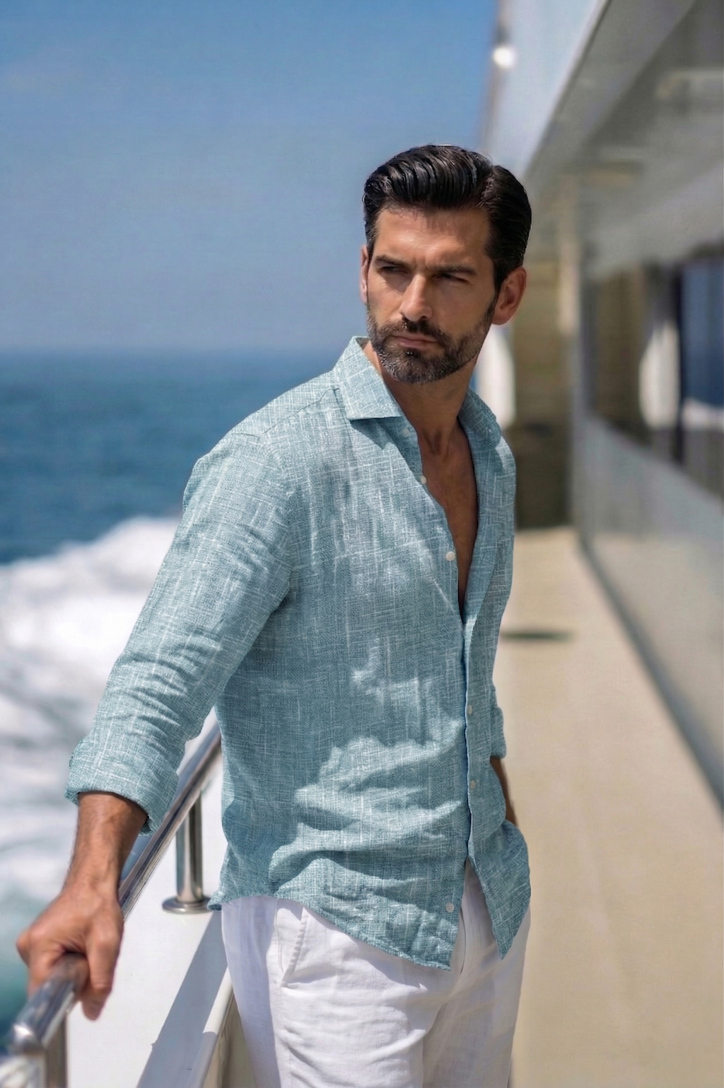 Full Sleeve Linen Pair For Men | Sky Blue Linen Shirt with White Linen Pant