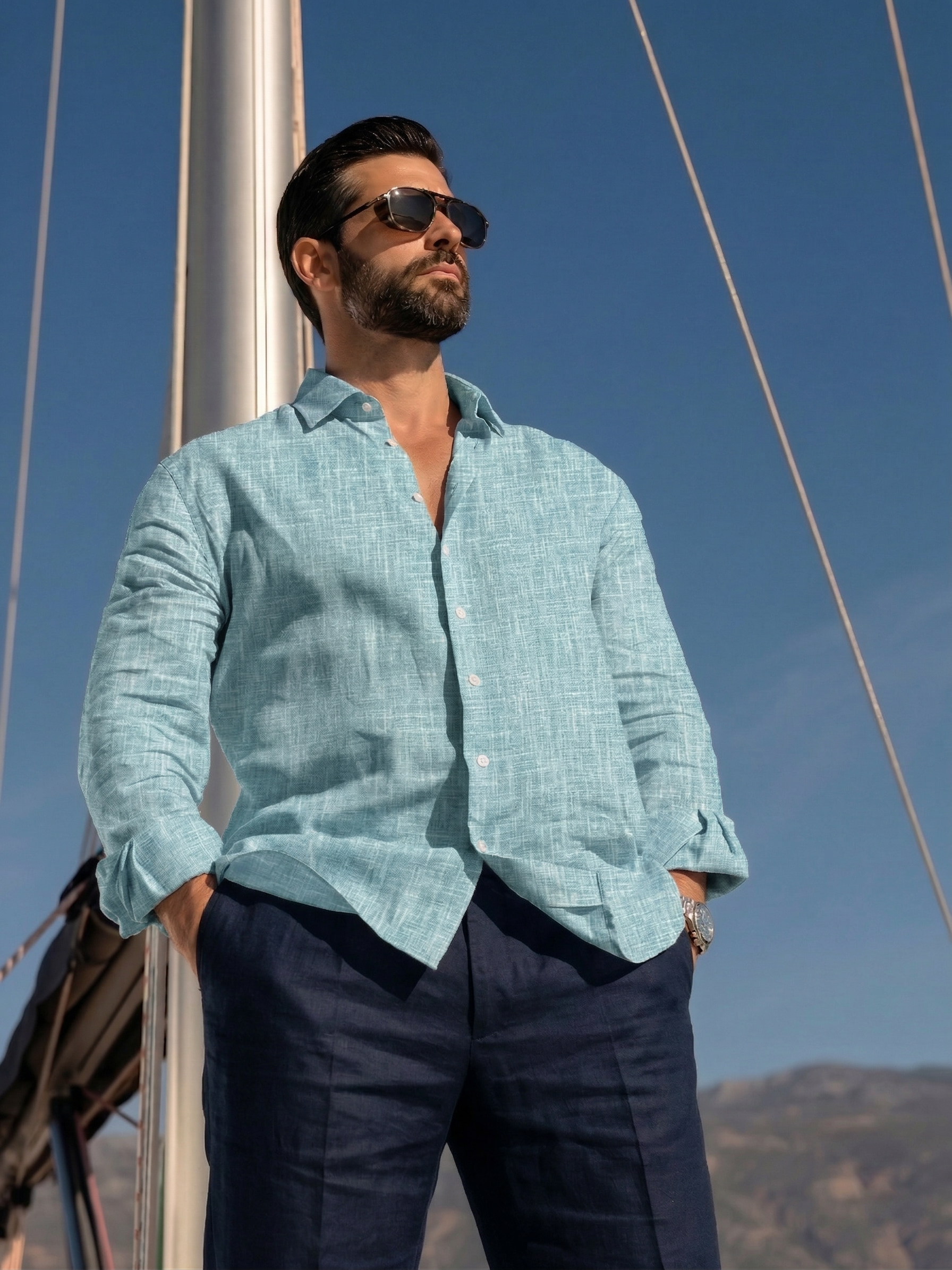 Full Sleeve Linen Pair For Men | Sky Blue Linen Shirt with Navy Linen Pant
