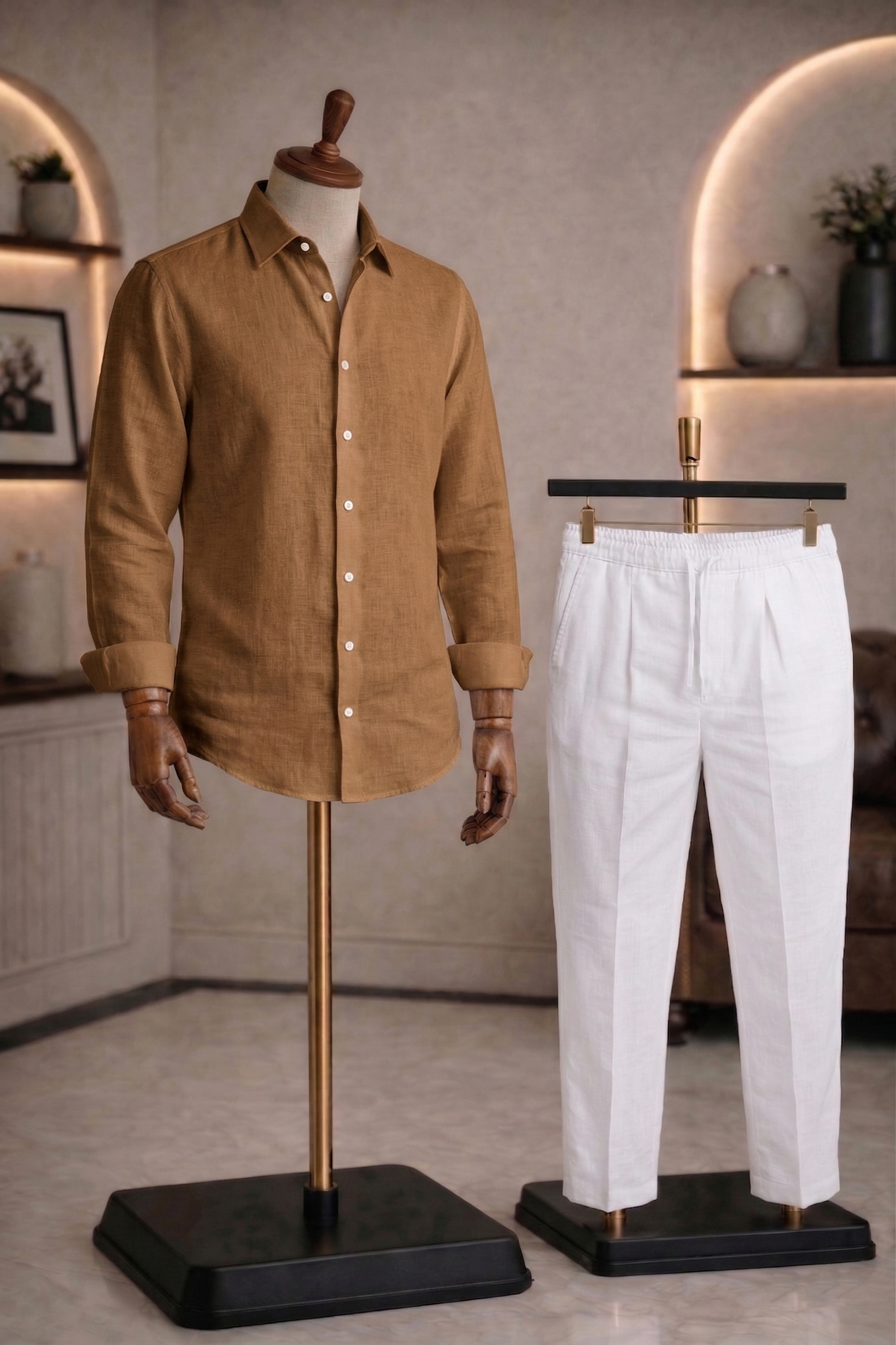 Full Sleeve Linen Pair For Men | Brown Linen Shirt with White Linen Pant