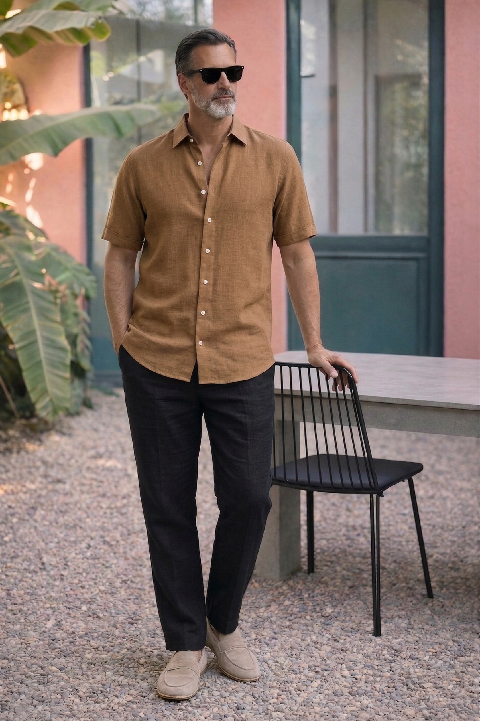 Half Sleeve Linen Pair For Men | Brown Linen Shirt with Black Linen Pant