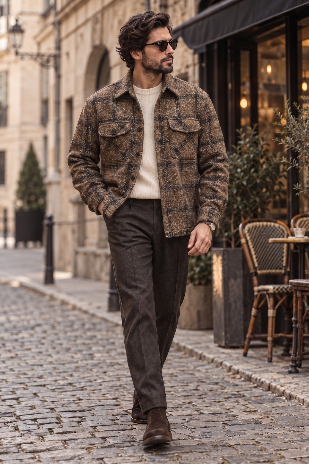 Melange Brown Checked Premium Wool Shirt For Men