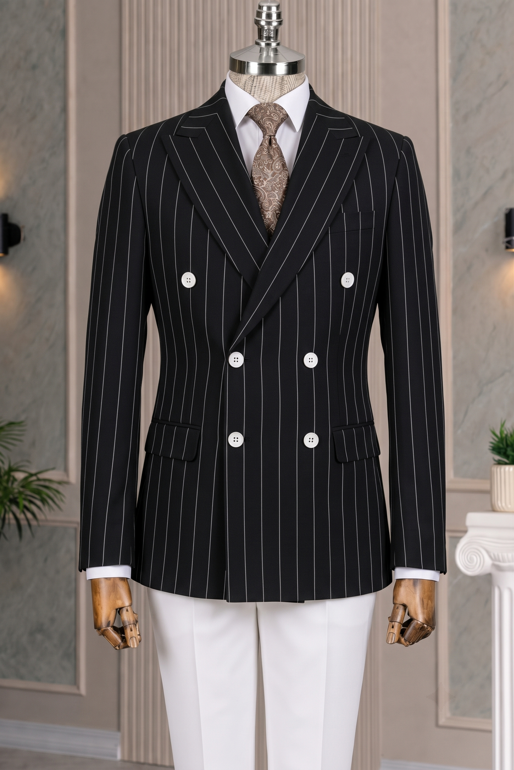 French Cuff Men's Black Striped Double Breasted Blazer