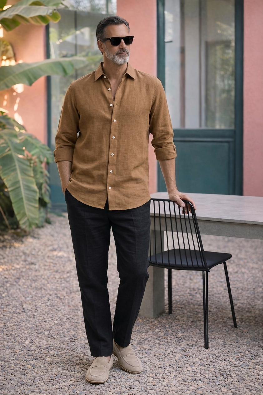 Full Sleeve Men's Pure Linen Brown Shirt | Summer Wear