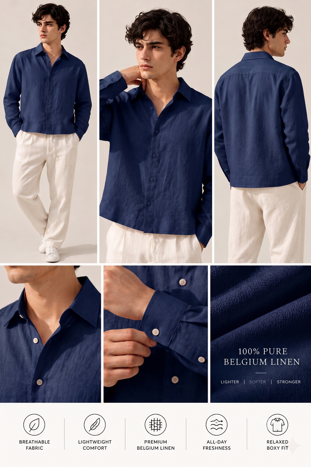 Full Sleeve Navy Boxy Fit Pure Belgium Linen Crop Shirt