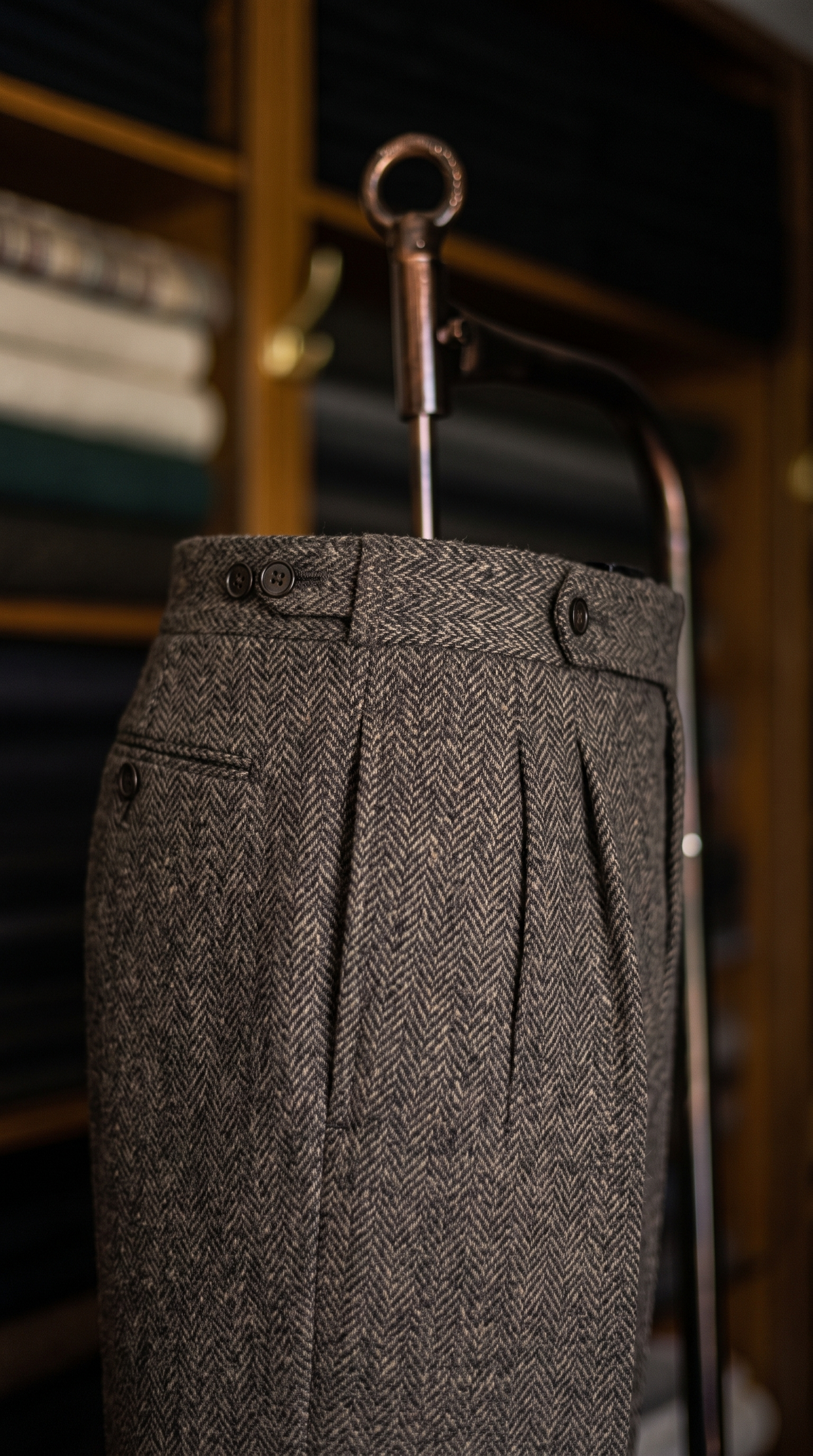 Imperial Brown Herringbone Double Pleated Trousers For Men