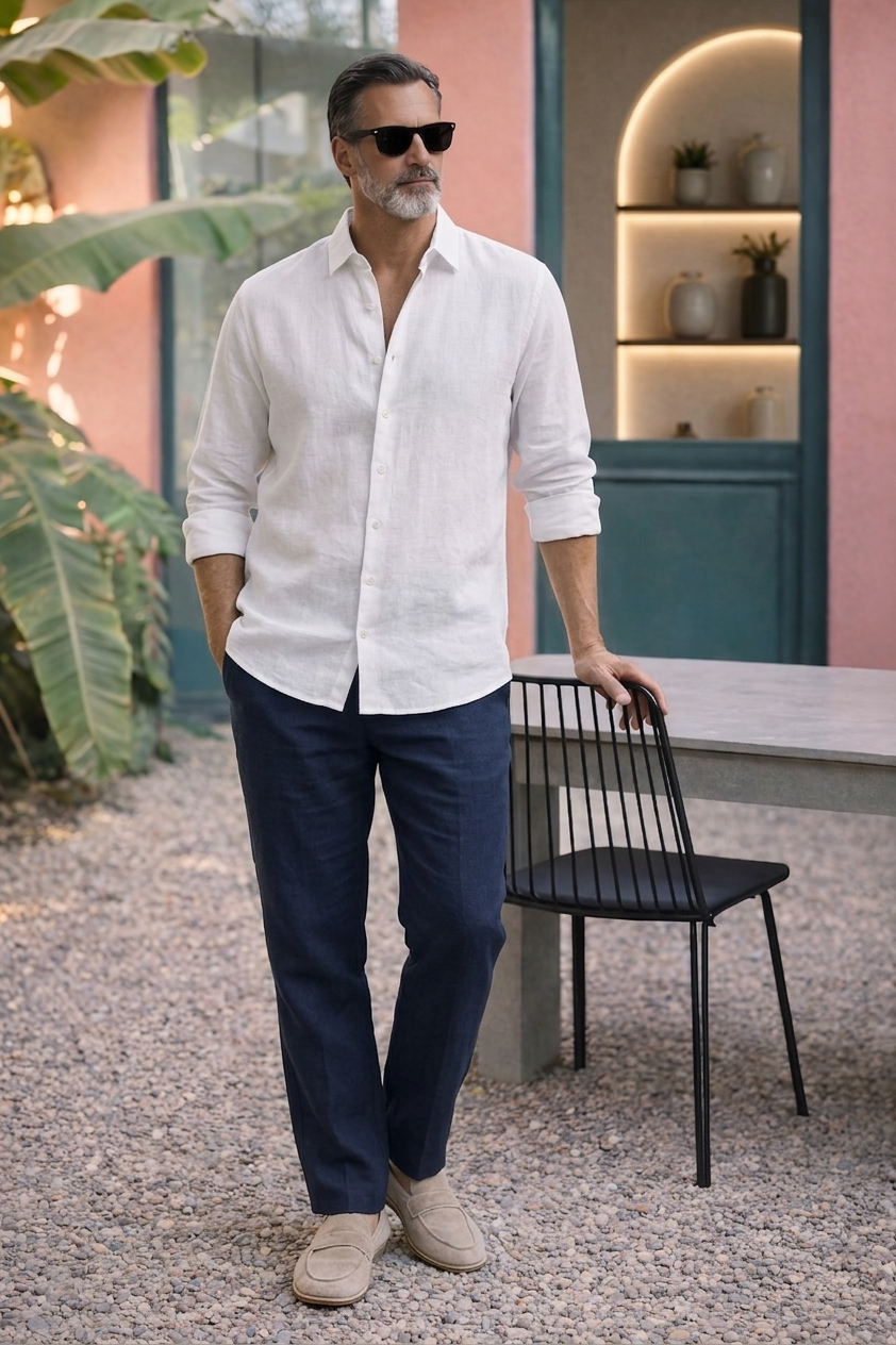 Full Sleeve Linen Pair For Men | White Linen Shirt with Navy Linen Pant