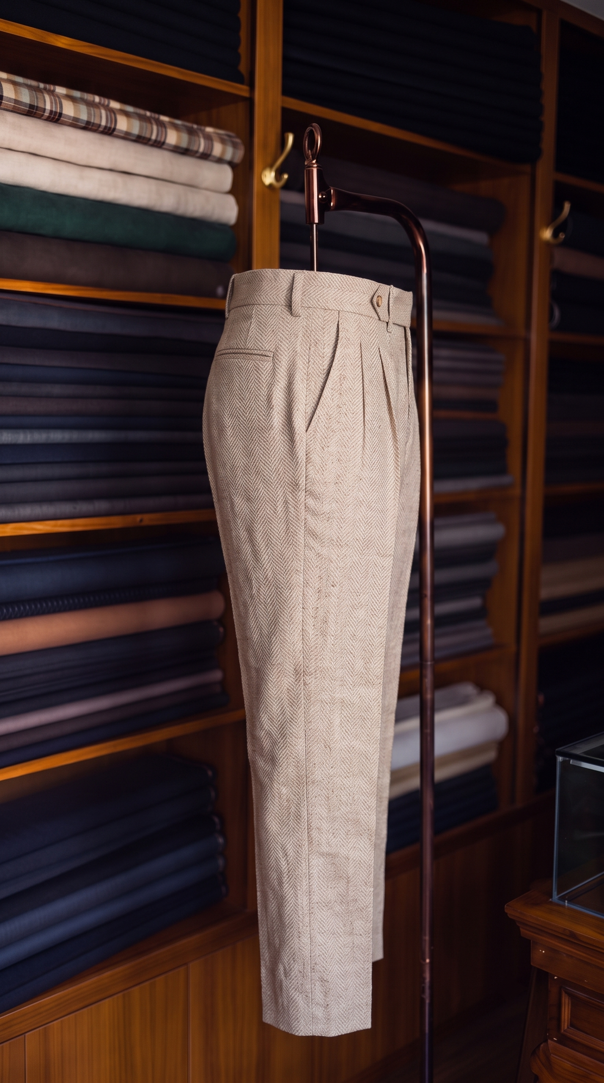 Viceroy Beige Herringbone Double Pleated Trousers for Men