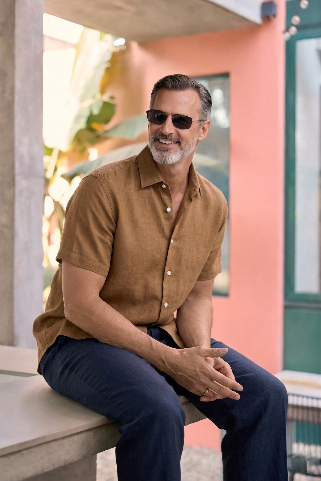 Half Sleeve Linen Pair For Men | Brown Linen Shirt with navy Linen Pant