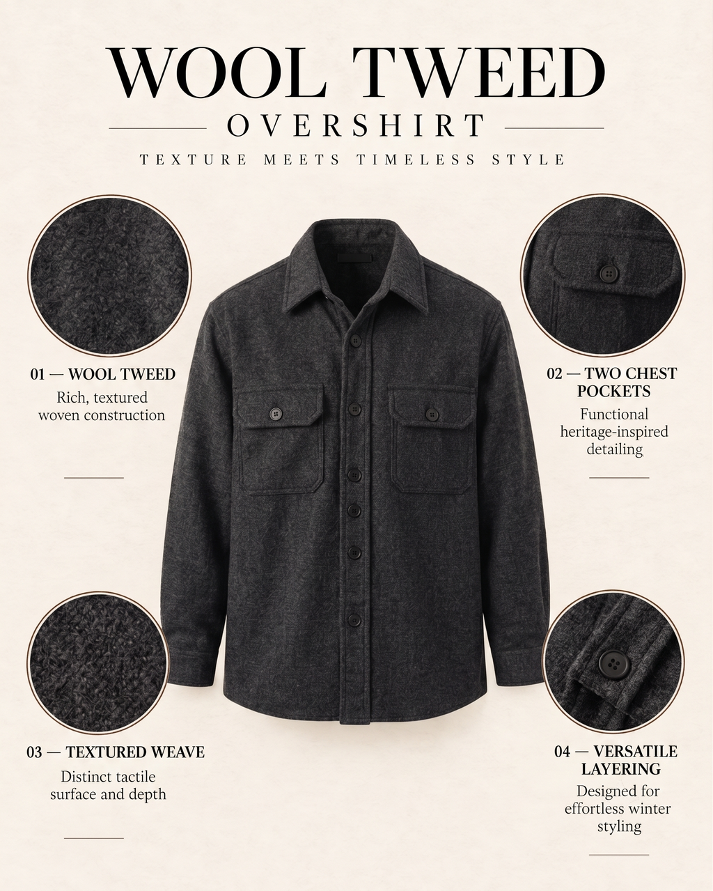 Melange Charcoal Black Premium Wool Shirt for Men
