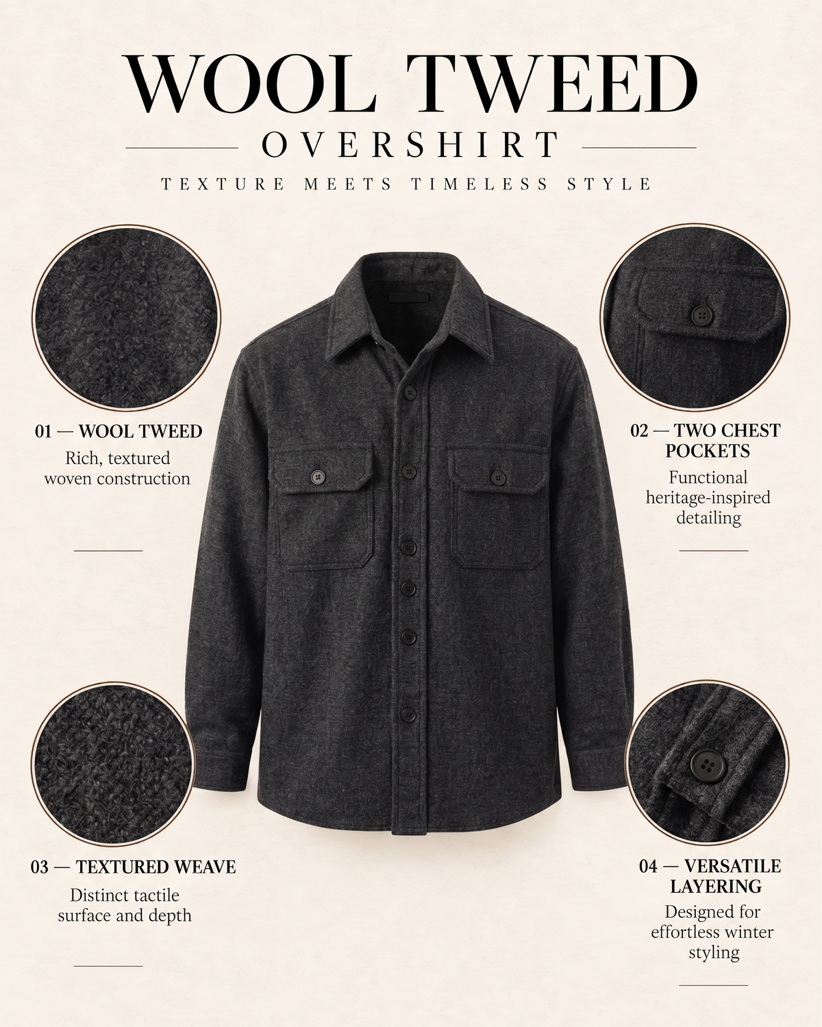 Melange Charcoal Black Premium Wool Shirt for Men