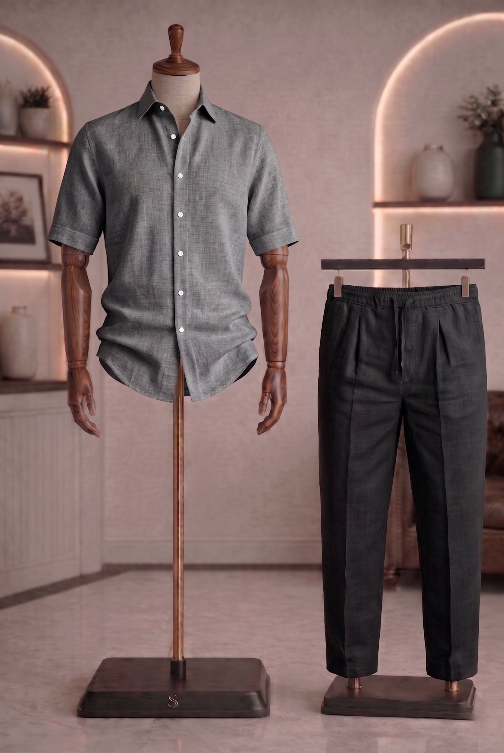 Half Sleeve Linen Pair For Men | Dark Grey Linen Shirt with Black Linen Pant