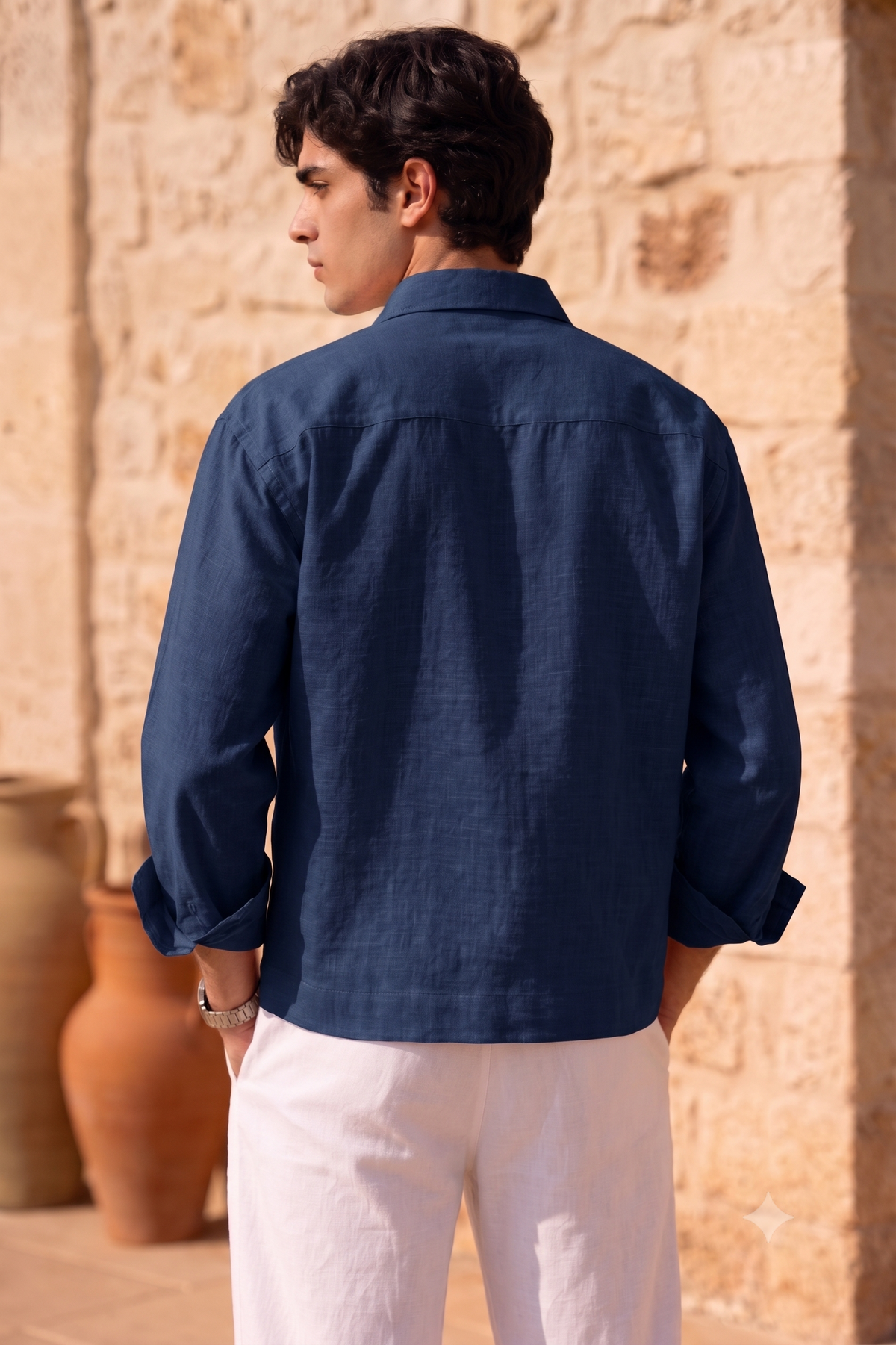 Full Sleeve Navy Boxy Fit Pure Belgium Linen Crop Shirt