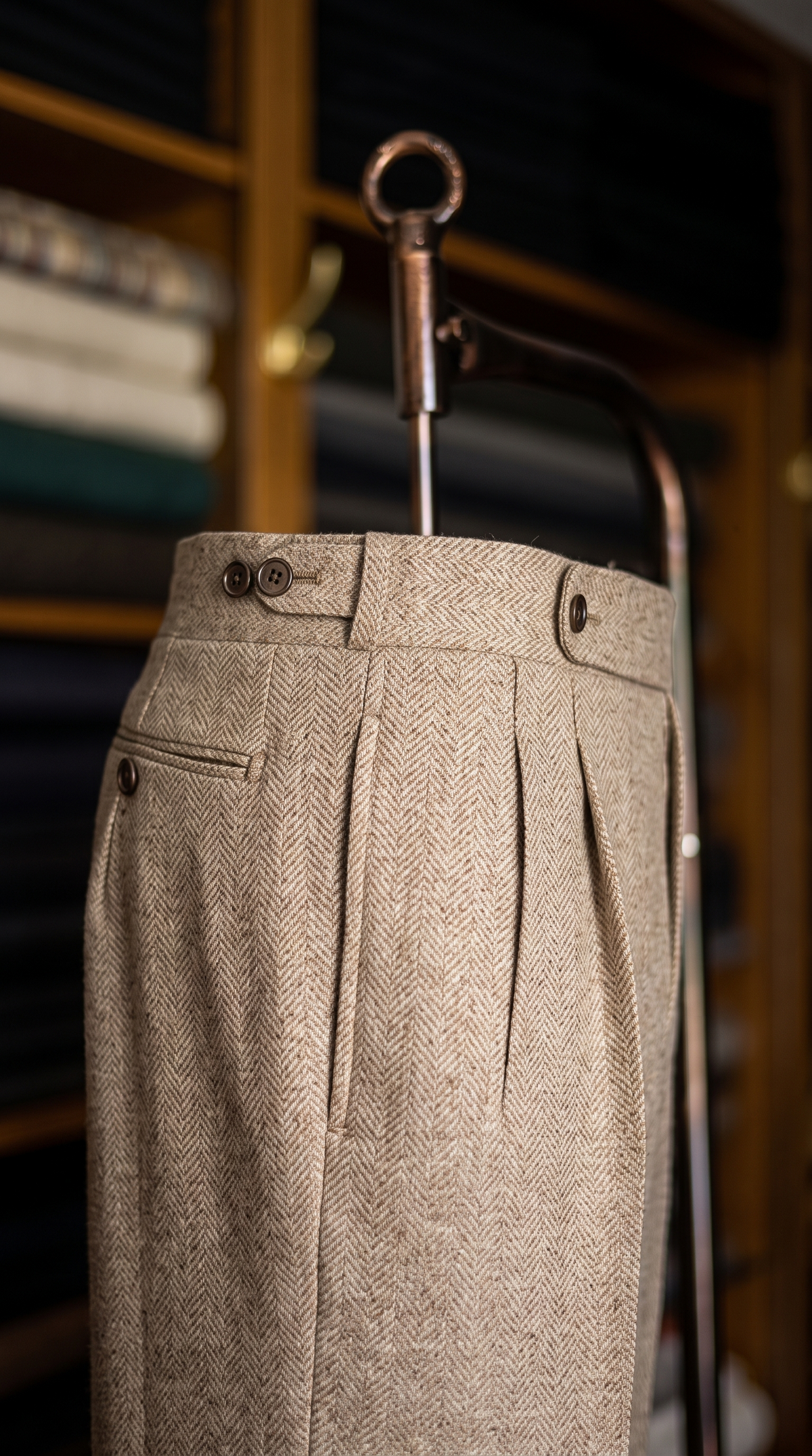 Imperial Beige Herringbone Double Pleated Trousers For Men