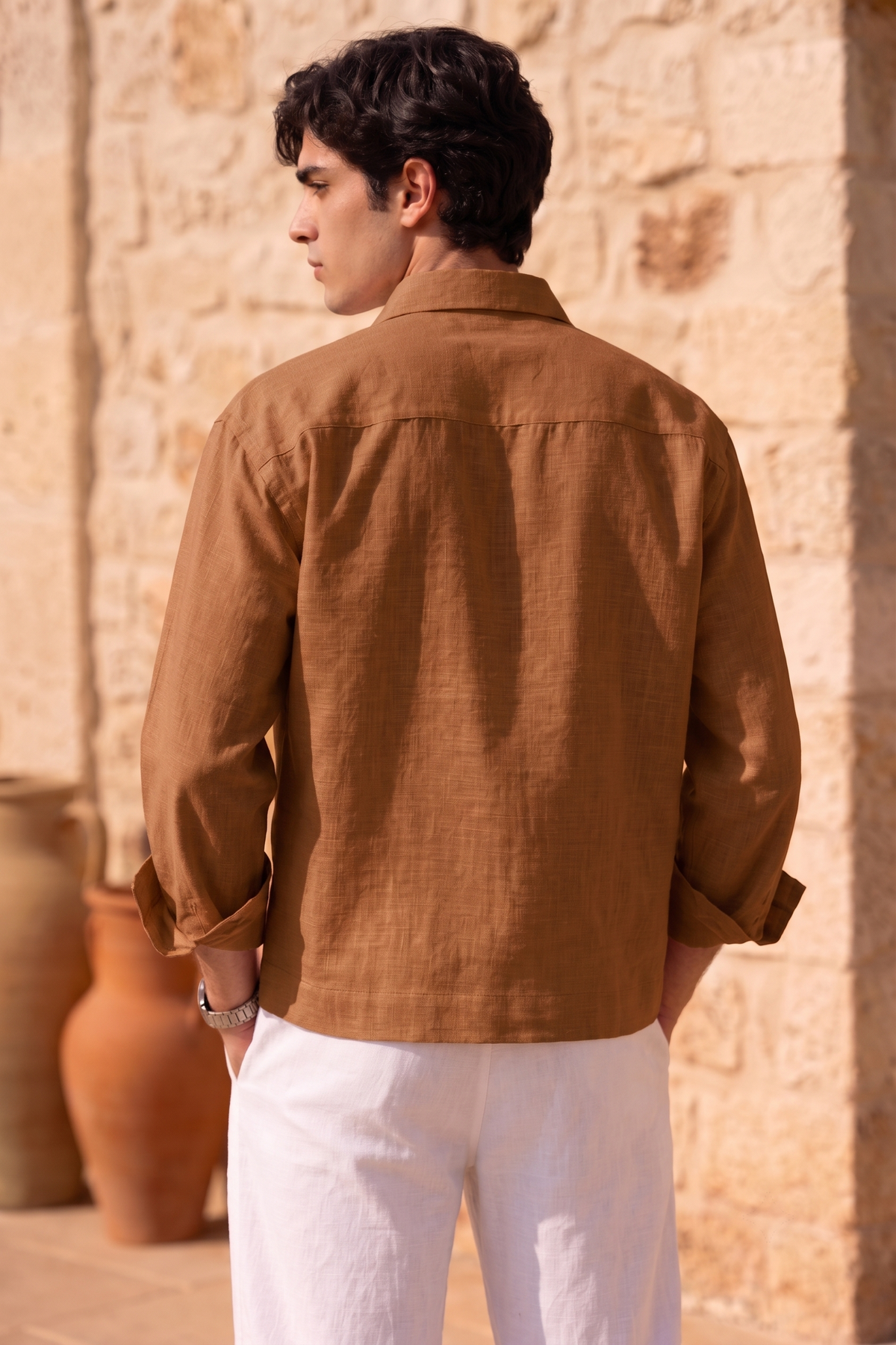 Full Sleeve Brown Boxy Fit Pure Belgium Linen Crop Shirt