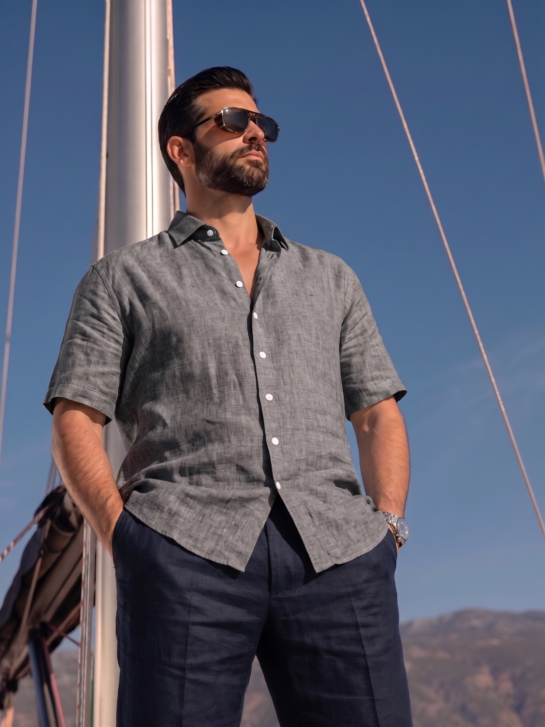 Half Sleeve Linen Pair For Men | Dark Grey Linen Shirt with Navy Linen Pant