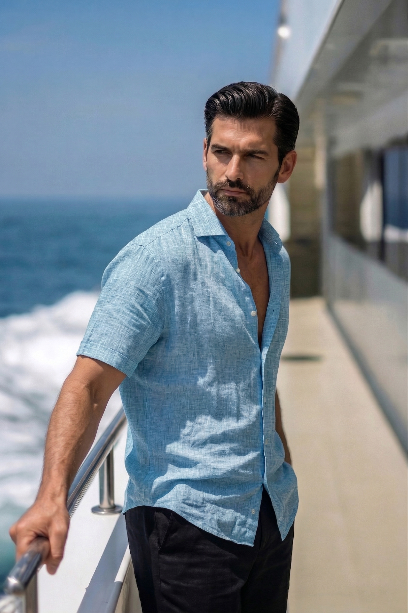 Half Sleeve Linen Pair For Men | Sky Blue Linen Shirt with Black Linen Pant