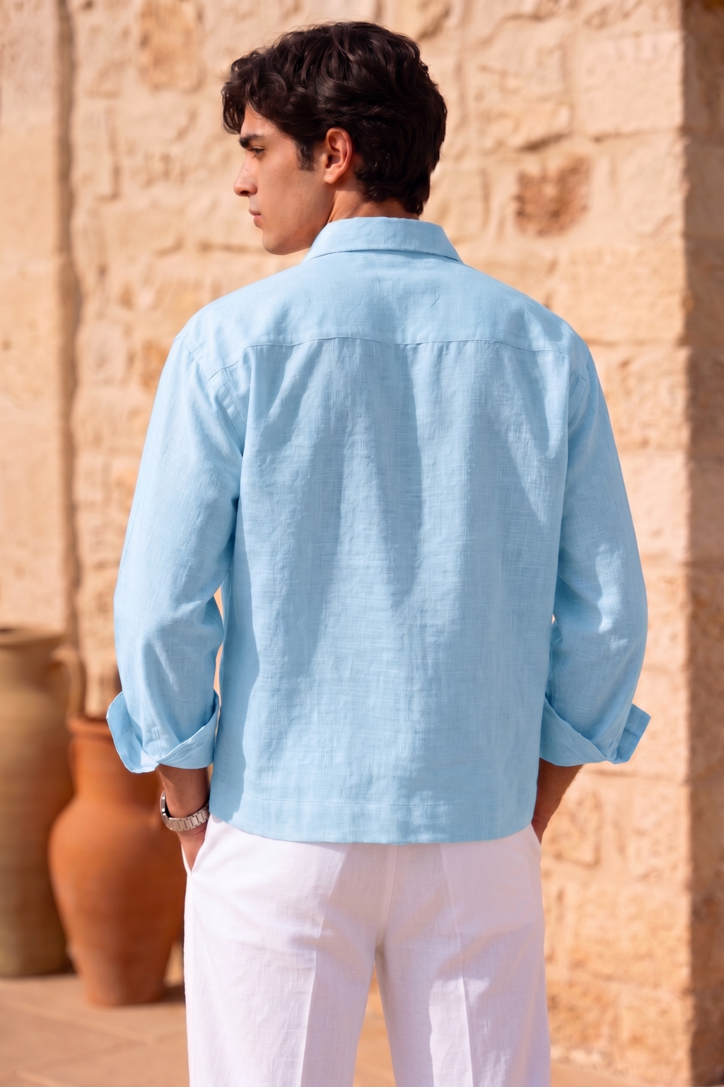 Full Sleeve Sky Blue Boxy Fit Pure Belgium Linen Crop Shirt