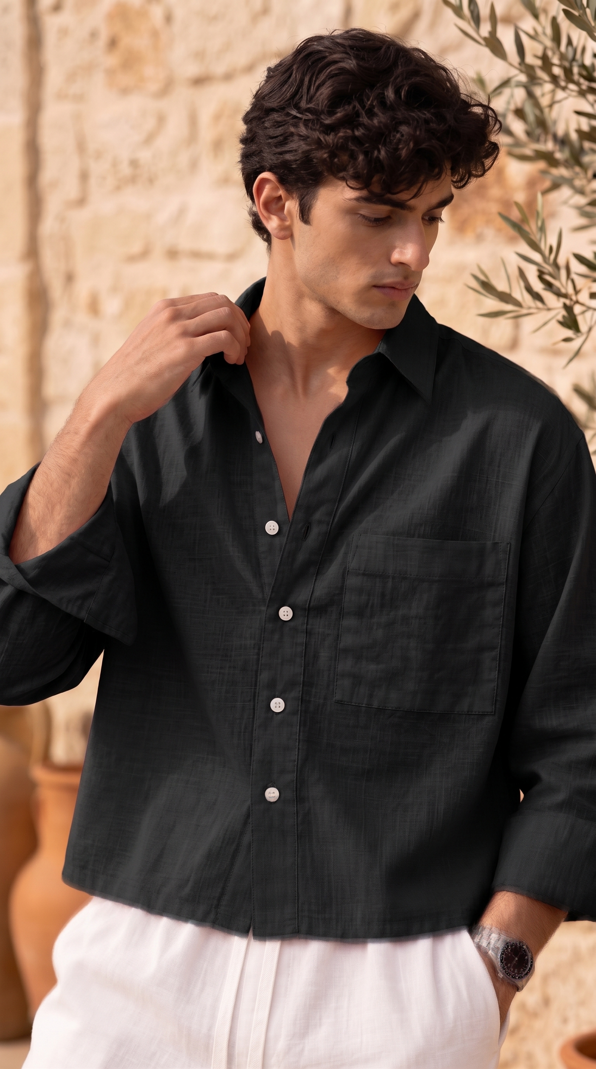 Full Sleeve Black Boxy Fit Pure Belgium Linen Crop Shirt