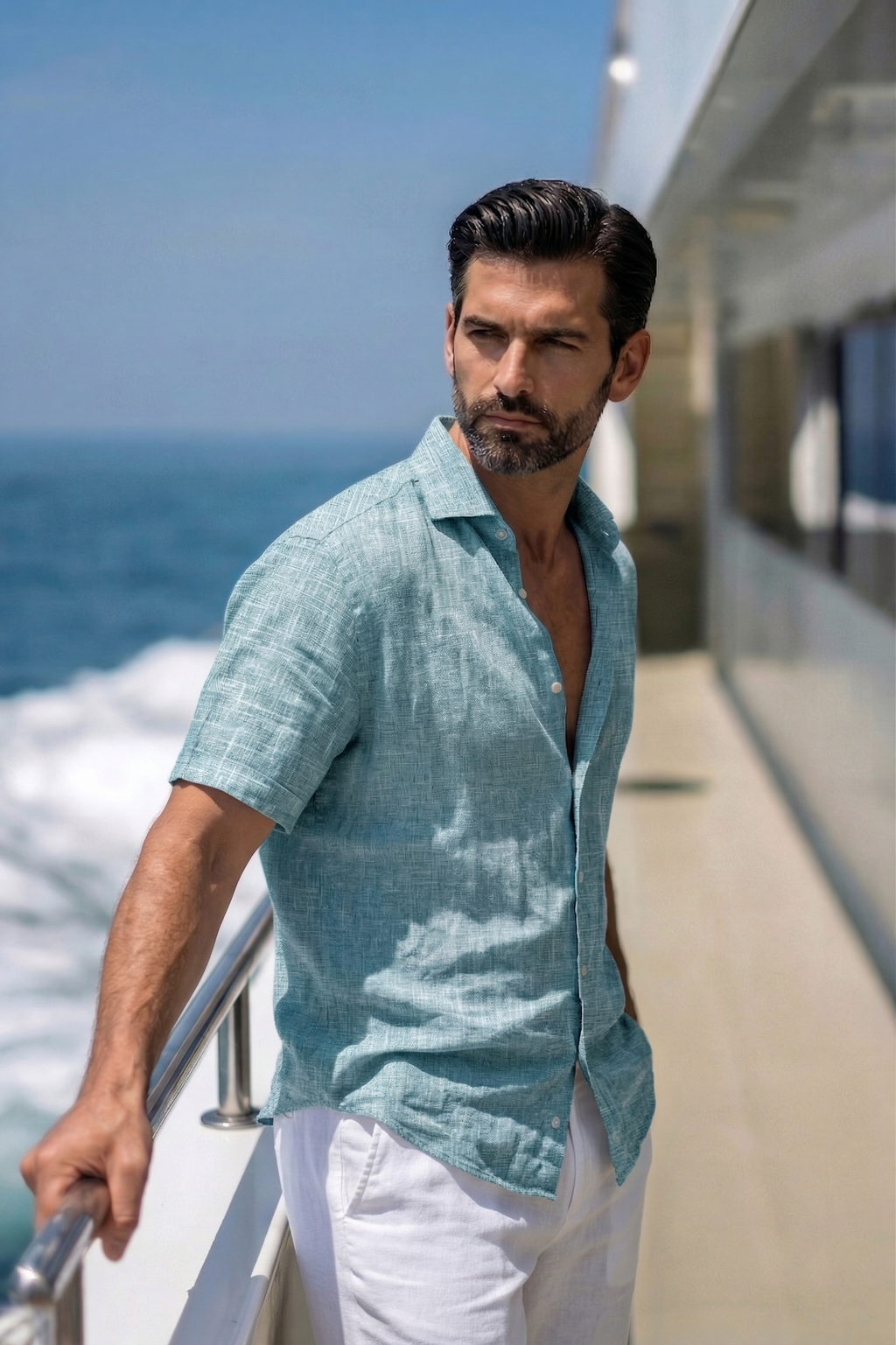 Half Sleeve Linen Pair For Men | Sky Blue Linen Shirt with White Linen Pant