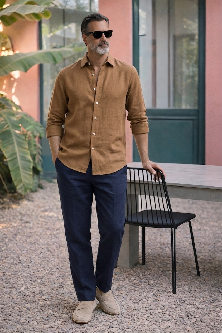 Full Sleeve Linen Pair For Men | Brown Linen Shirt with navy Linen Pant