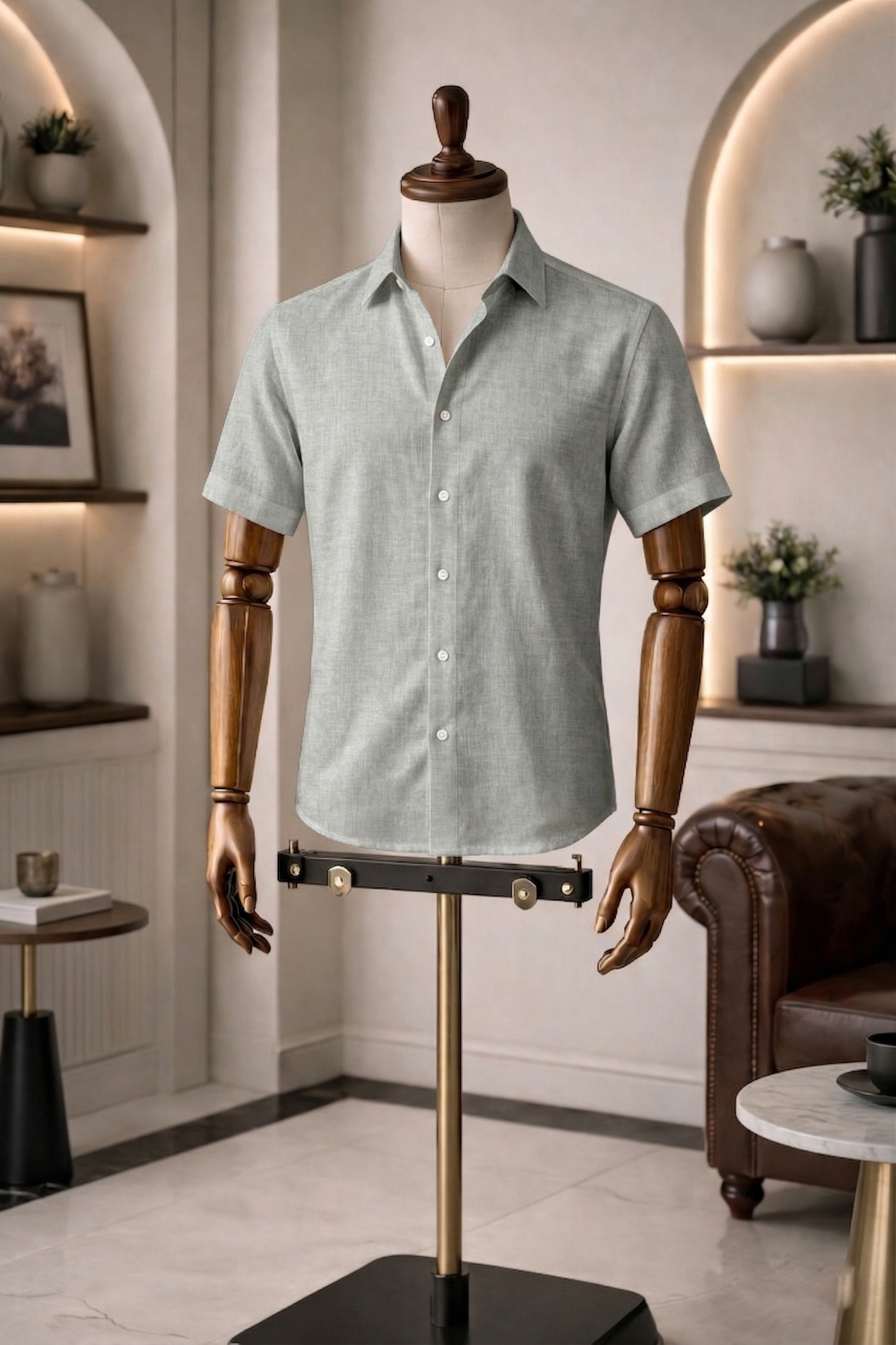 French Cuff Men's Pure Linen Light Grey Half Sleeve Shirt | Summer Wear