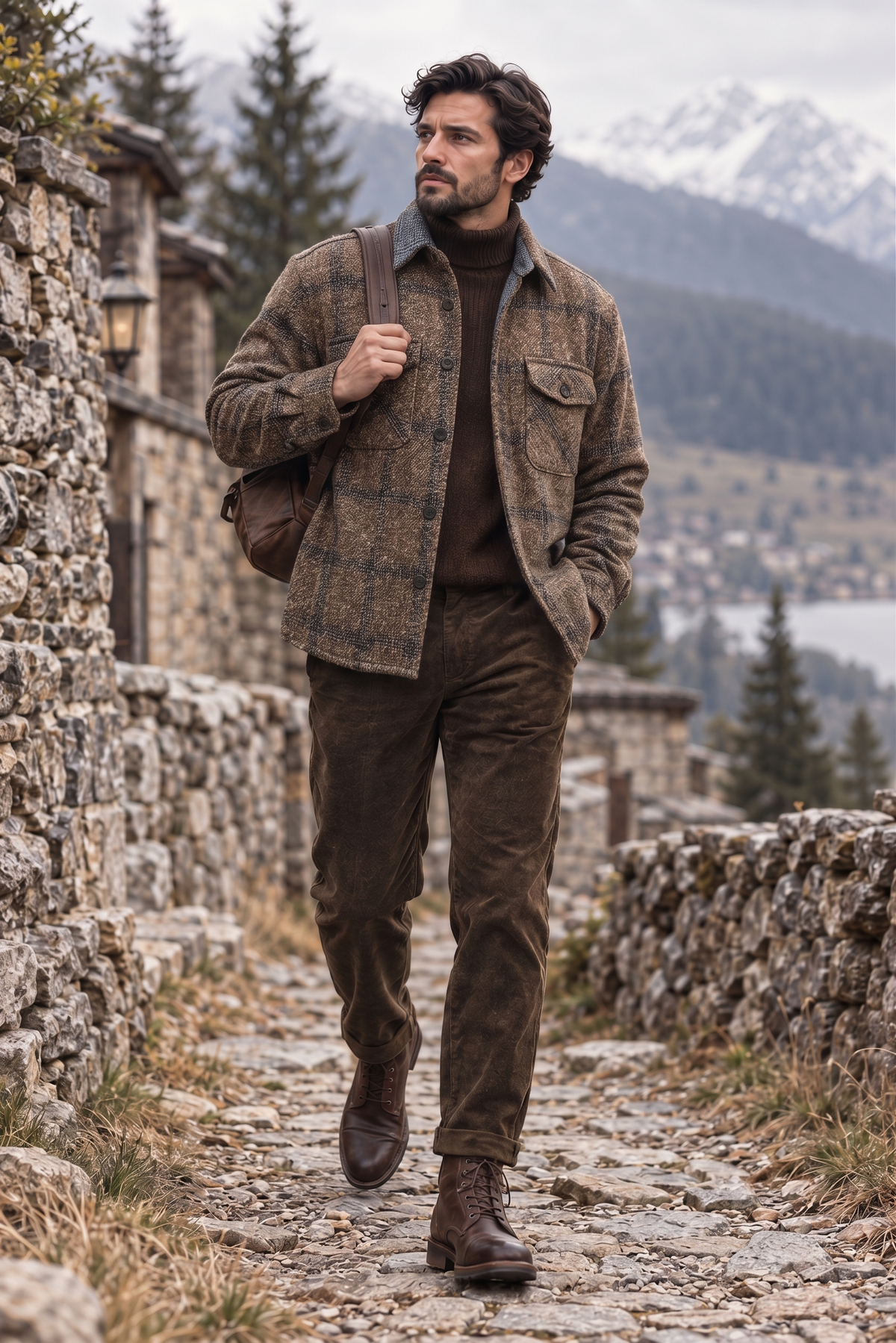 Melange Brown Checked Premium Wool Shirt For Men