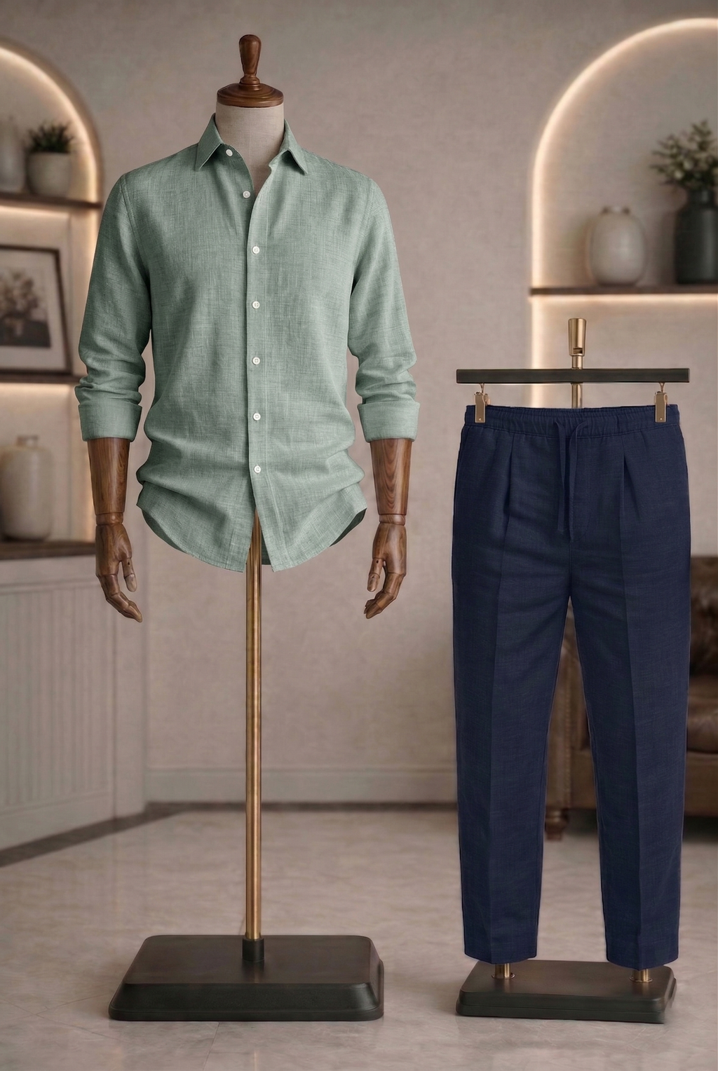 Full Sleeve Linen Pair For Men | Minty Green Linen Shirt with Navy Linen Pant